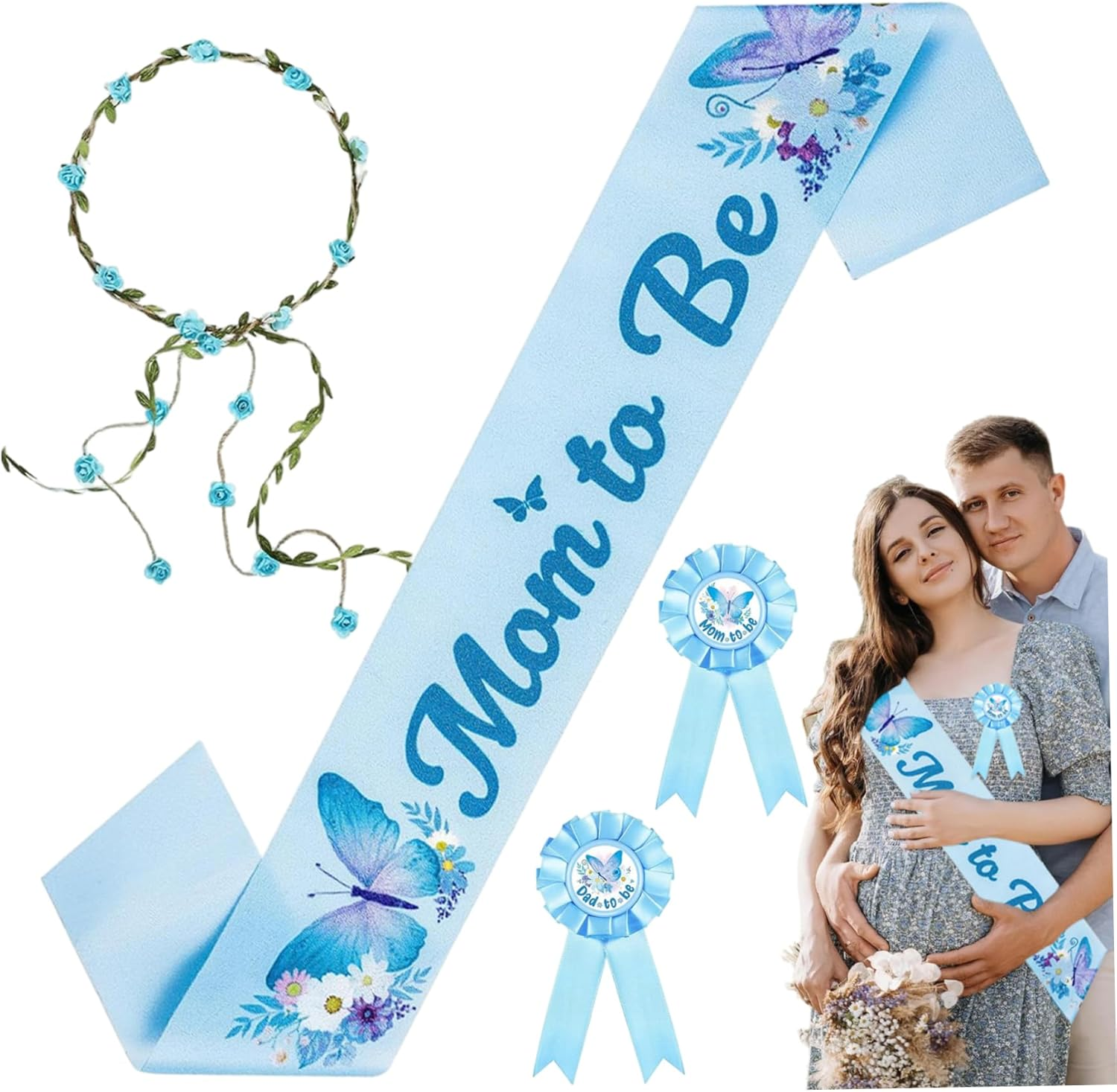 1 Set Baby Shower Sash for Mommy Badge Cute Blue Pin Flower Crown Headband Baby Shower Decorations for Pregnancy Props Keepsake Gifts Sash image number 2