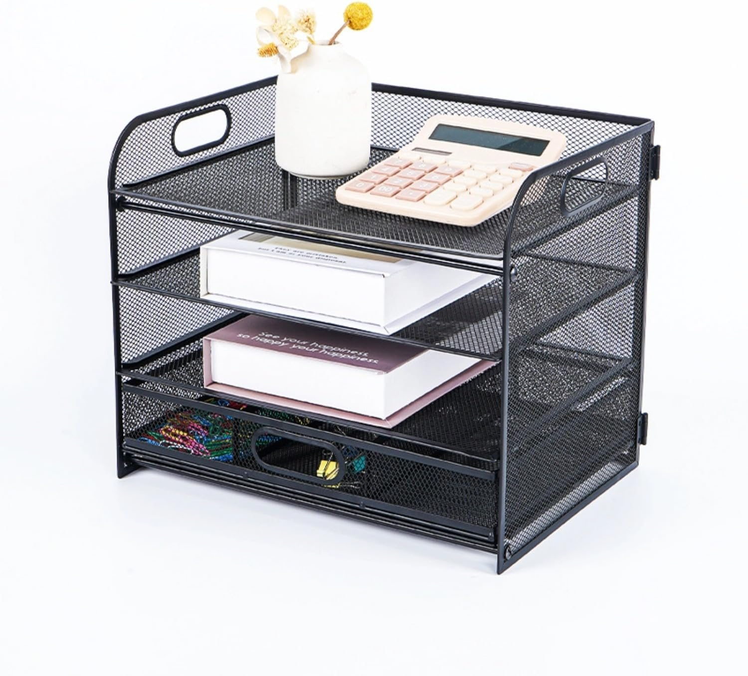 Mesh Desktop File Folder Organiser, 4-Compartment Desk Organiser for Document Folders, Vertical Filing Cabinet for Letter Mail Folder, Black Book Magazine Holder