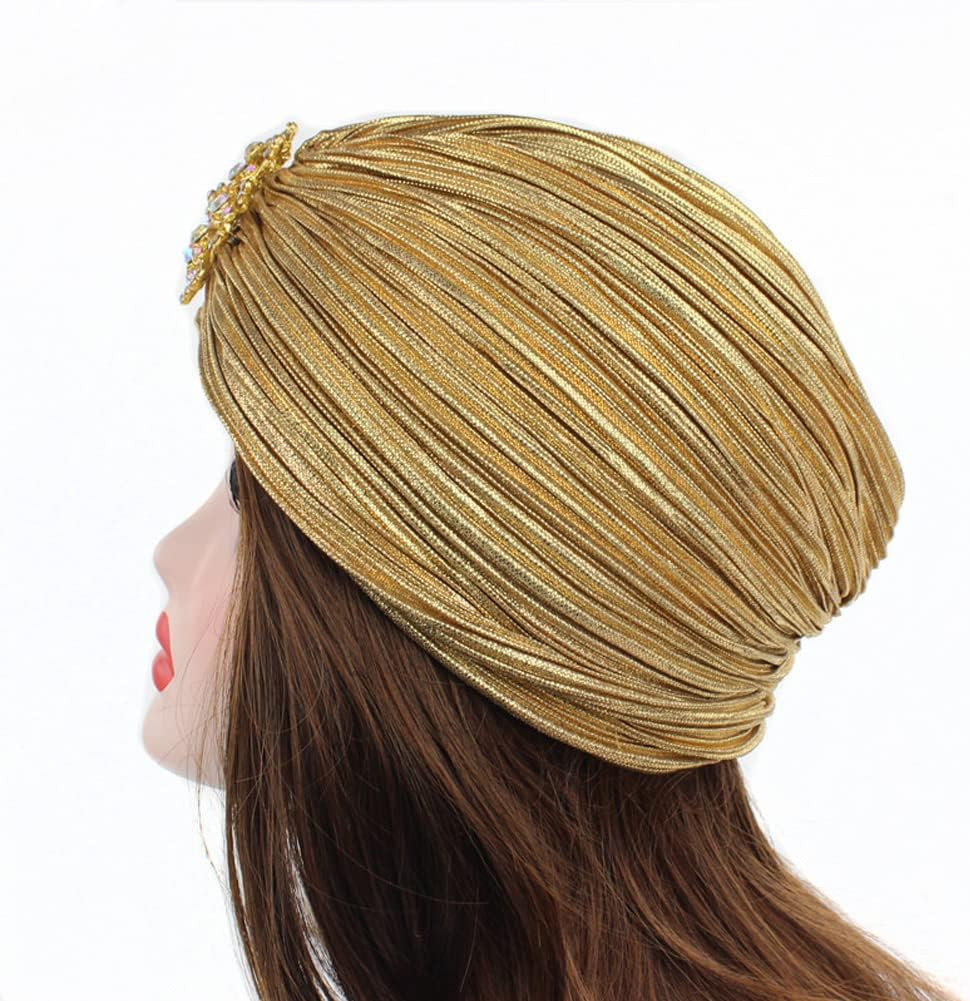 Women Vintage Turban Hat with Rhinestones Flower Decoration Beanie Cap Headwrap for 1920S Gatsby Costume Cocktail Party - Dark Gold image number 5