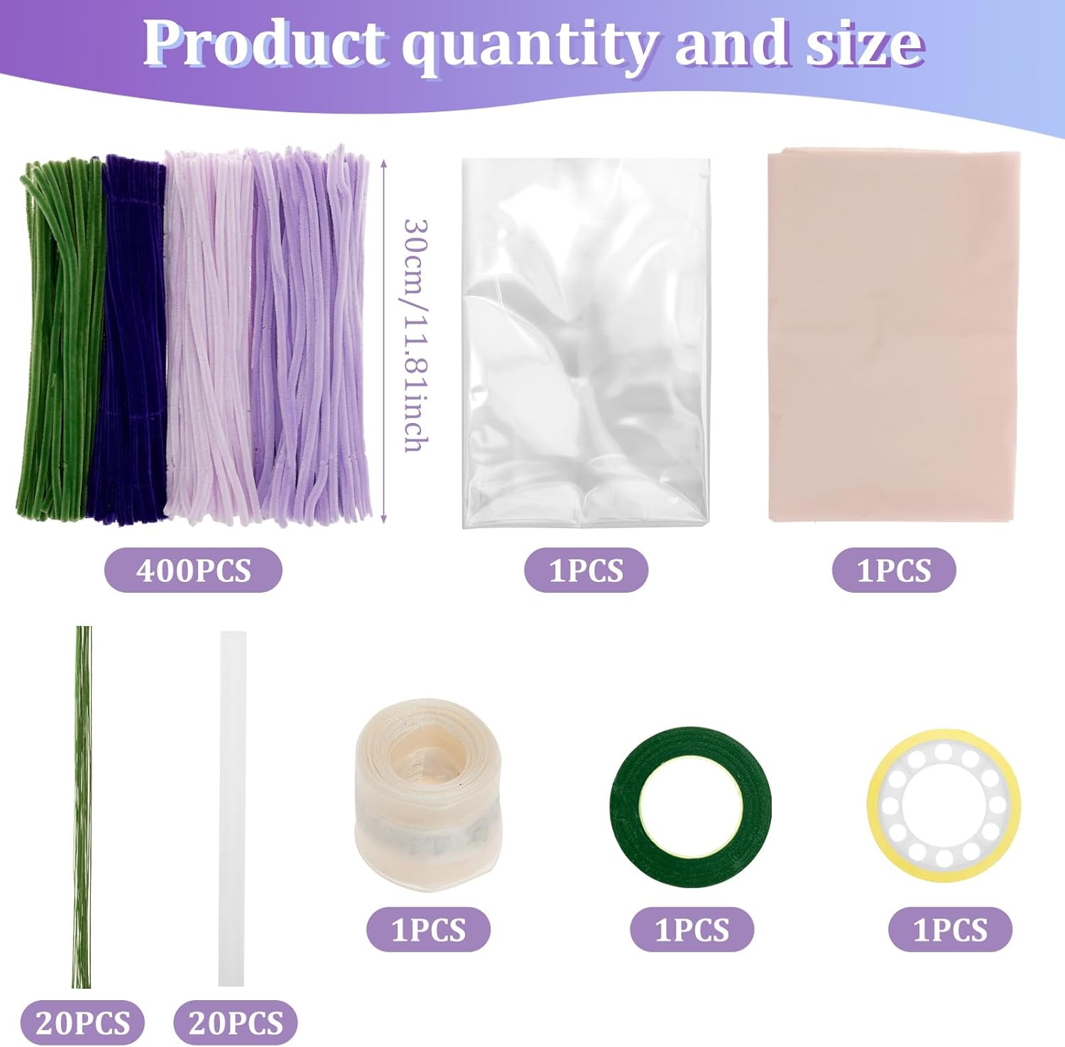 Fwqofvk Pipe Cleaner, Twisted Stick Bouquet with Tubular Cotton Swab Flower Stalk Gardening Tape Ribbon Creative DIY Kit, for DIY Art and Craft Creative Gift Party Decorations 30Cm (Purple) - Pink image number 2