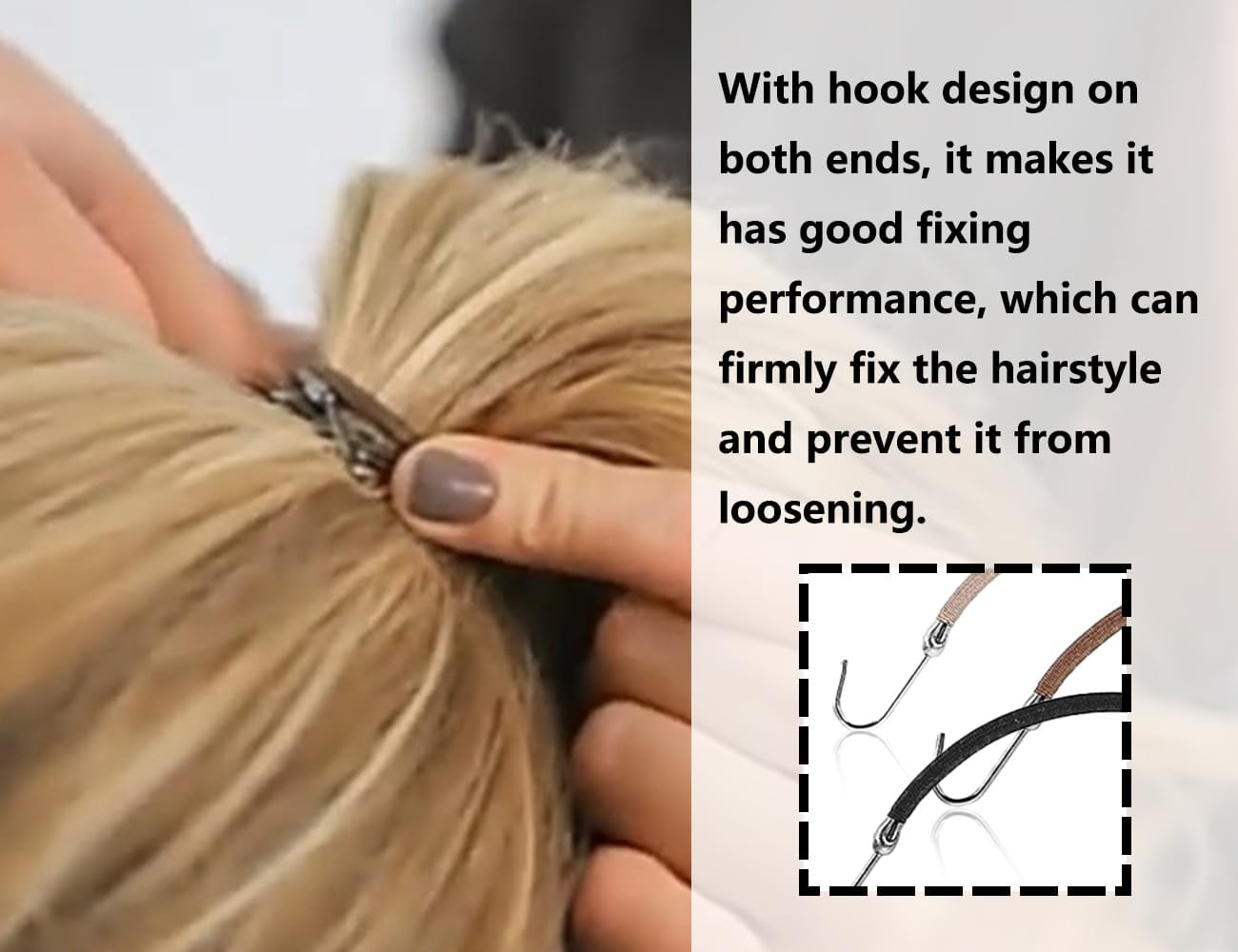 KAPSING Pack of 3 Elastic Hair Bobbles with Hooks, Elastic Hook Hair Scrunchie Bungee, Adjustable Ponytail Holder, Suitable for Most Hairstyles image number 6