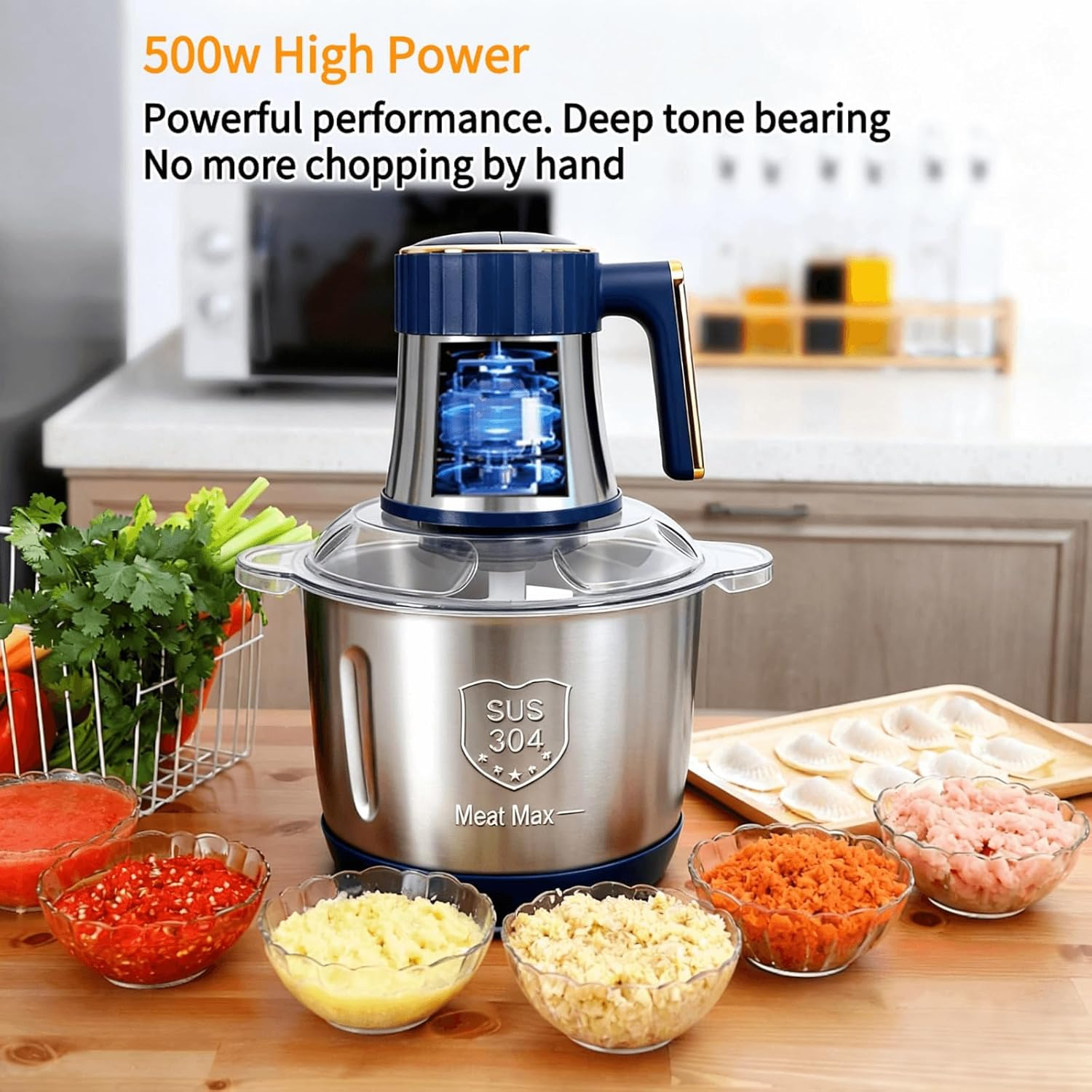 Electric Meat Grinder, Food Processor,5-Speed Electric Food Chopper,Meat Grinder 5L with Two 6-Blade Sets,500W Powerful Vegetable Chopper Used for Dough Mixing,Meat, Nuts, Fruits, Garlic image number 1