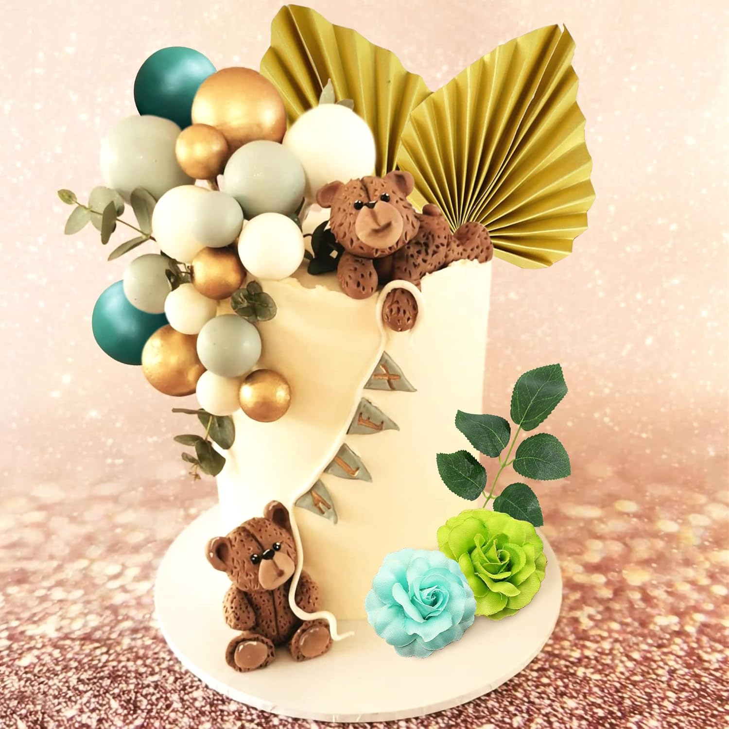 Jevenis Green Ball Cake Decoration Rose Cake Decoration Palm Leaves Cake Decoration Flower Cake Decorations Baby Shower Cake Decoration Wedding Cake Decoration