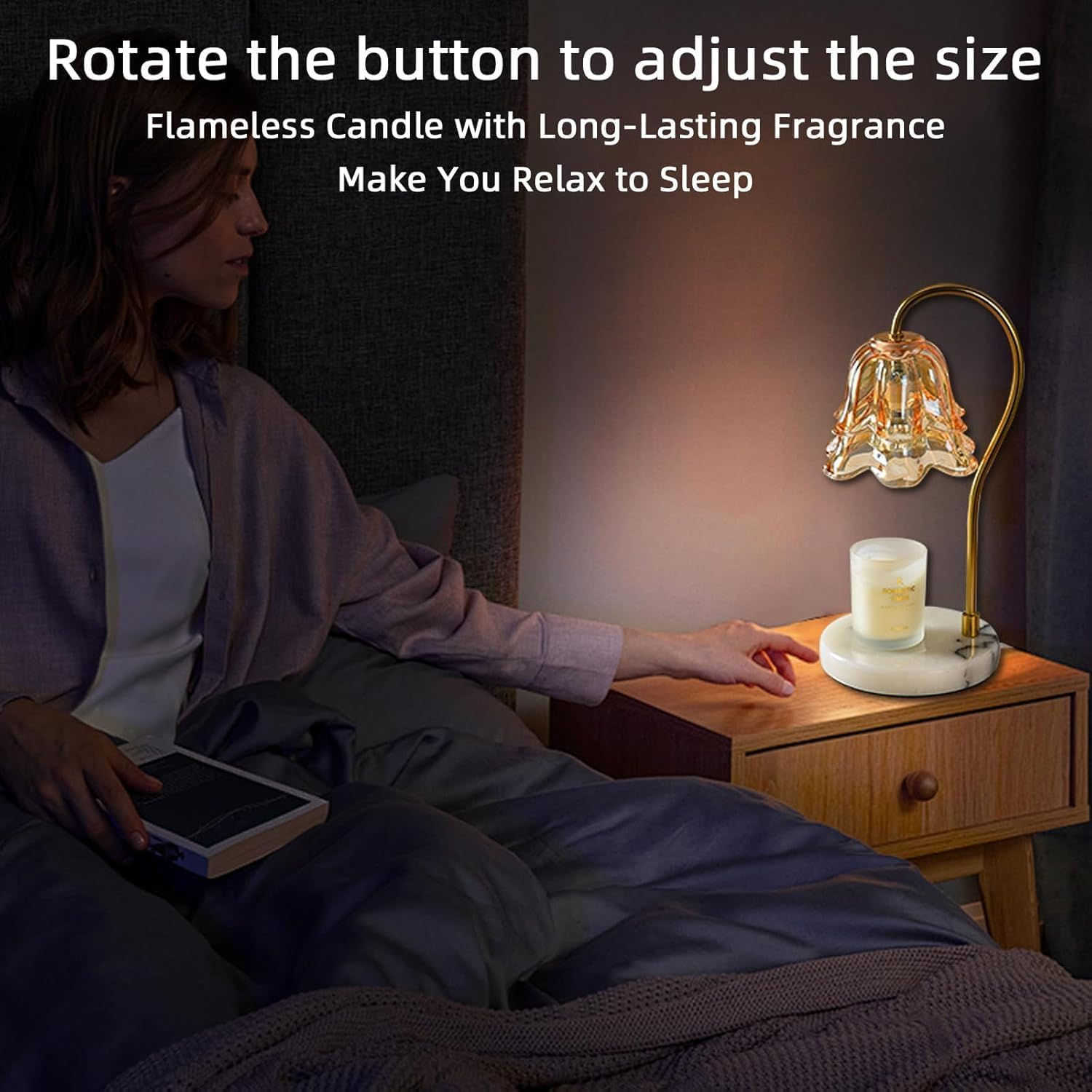 Candle Warmer Lamp, Flower Glass Candle Warmer Light, Dimmable Table Lamp, Vintage Candle Lamp with Marble Base, for Women, Mom, Female Friend, Romantic Vintage Style Gifts (Amber) - Amber image number 4