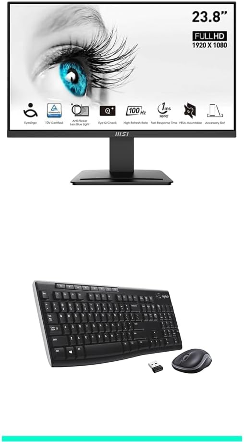 MSI PRO MP2412 23.8" Eye Care Ergonomic Business Computer Monitor, FHD 1920X1080, VA, Frameless Logitech MK270 Wireless Keyboard and Mouse Combo for Windows Bundle