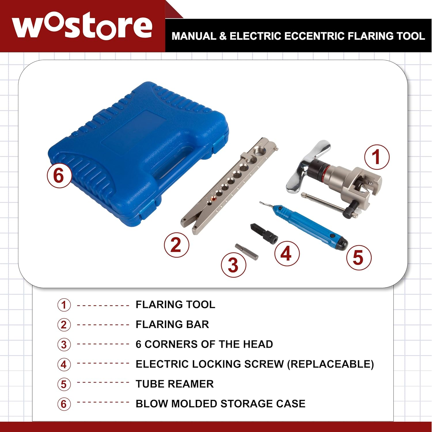 Wostore Manual & Electric Eccentric Flaring Tool - 9 Dies for Eccentric Flares on 6Mm,1/4",9Mm,3/8",10Mm,12Mm,1/2",5/8"(16Mm)&3/4"(19Mm) Copper Pipes - Ideal for Refrigeration HVAC Plumping Work&hellip; image number 2