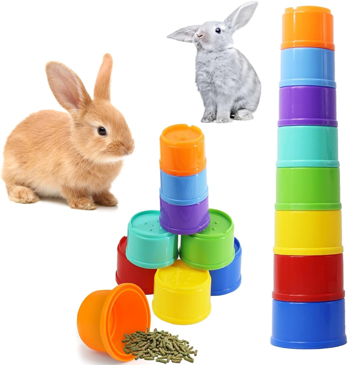 AMSGANK 8 PCS Stacking Cups, Rabbit Stacking Cups Bunny Pet Toys Rabbit Toys for Hiding Food and Playtime Fun Stack up Cups for Guinea Pigs Small Animals (Multi-Coloured) image number 4