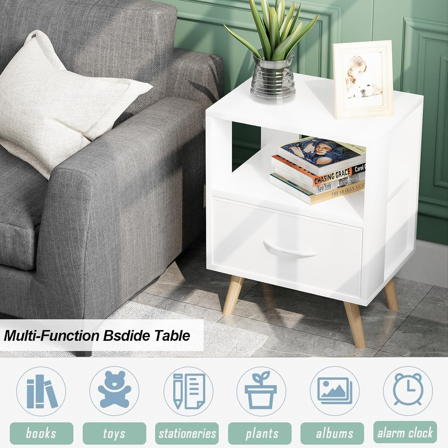 Aboxoo Night Stand, White Kids Nightstand with Drawer, Nursery Side Table with Open Storage, 2-Tier Modern End Table, Bedside Table for Small Space, Living Room, Bedroom image number 3