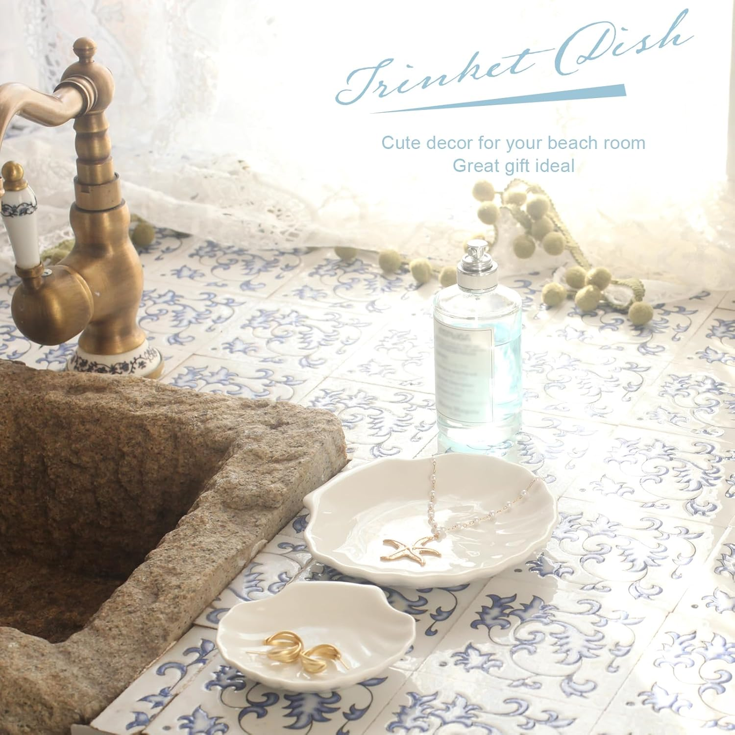 Shell Ring Dish Tray, Ceramic Jewelry Tray Trinket Dish, Seashell Key Holder Bowl, Beach Room Coastal Decor Aesthetic, Ocean Bathroom Counter Decor, White, Small image number 2