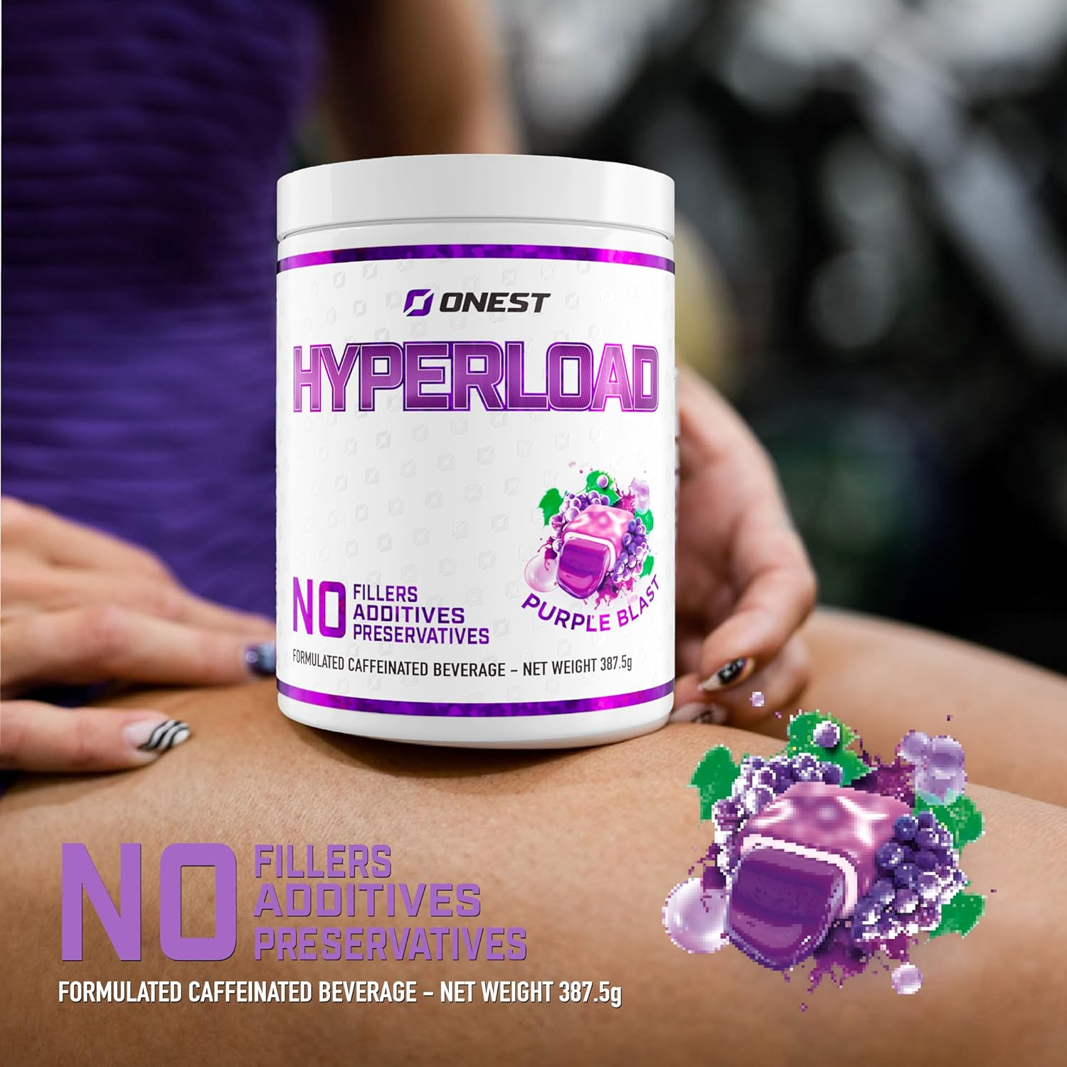 Onest Hyperload Pre Workout Supplements 387.5G | 25 Servings Workout Powder for Men & Women | Enhances Muscle Power & Energy | Caffeine, L-Citrulline Malate, Alanine, L-Theanine Sports Drink Powder (Hyperload, Purple Blast Flavour) image number 2