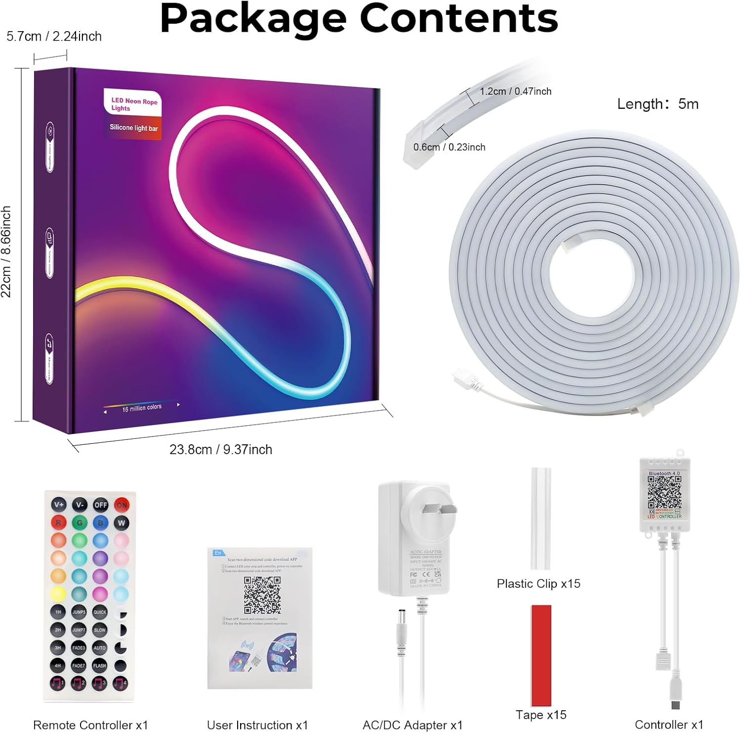 5M Bluetooth Neon LED Strips Lights Waterproof,Aled LIGHT 24V RGB Flexible Neon Rope Lighting Kit Music Sync Adjustable Brightness Modes Timer with App&44-Key Remote Control for DIY Home Decor image number 2