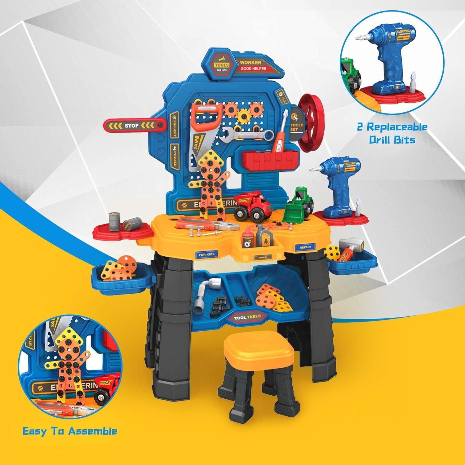 KIDBOT Kids Toy Tool Bench Set, 181PCS Workbench Construction Workshop with Electric Drill and Realistic Tools Toy for 3+ Years Old Kids,Educational Builder Pretend Role Play Toy image number 3