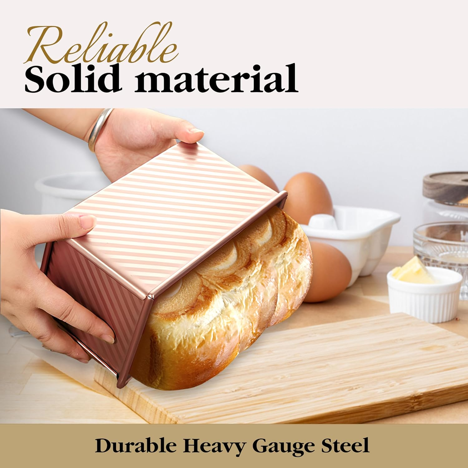 FIDZ PAN Pullman Loaf Pan with Lid, 1 Lb Dough Capacity Non-Stick Bread Pan for Baking Bread, Carbon Steel Corrugated Bread Toast Box Mold with Cover for Baking Bread, Gold