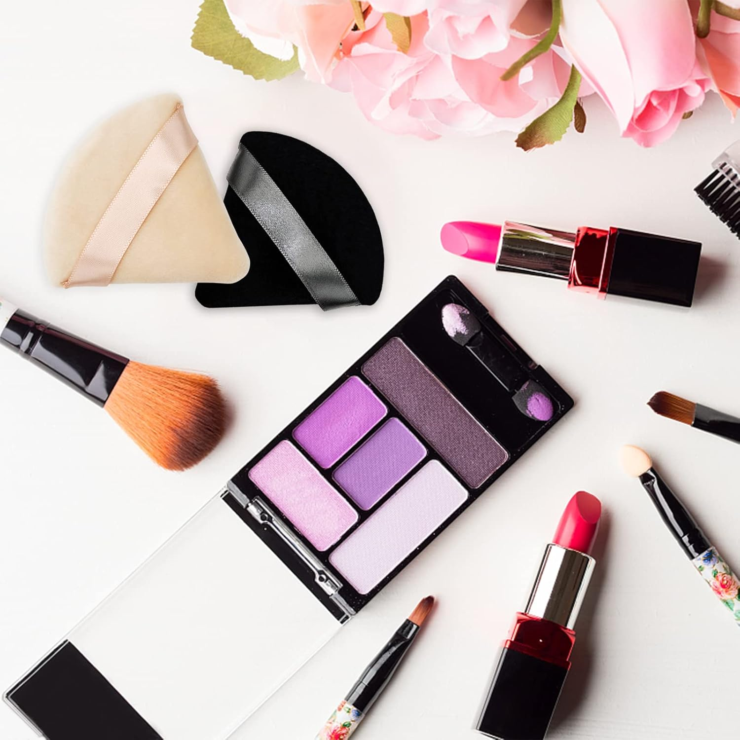 12 Pieces Cosmetic Powder Puff,2.76 Inch Portable Soft Sponge Setting Face Puffs,Triangle Velvet Powder Puff with Ribbon Band Handle for Loose Powder Body Powder Makeup Tool(Black,Nude) image number 1