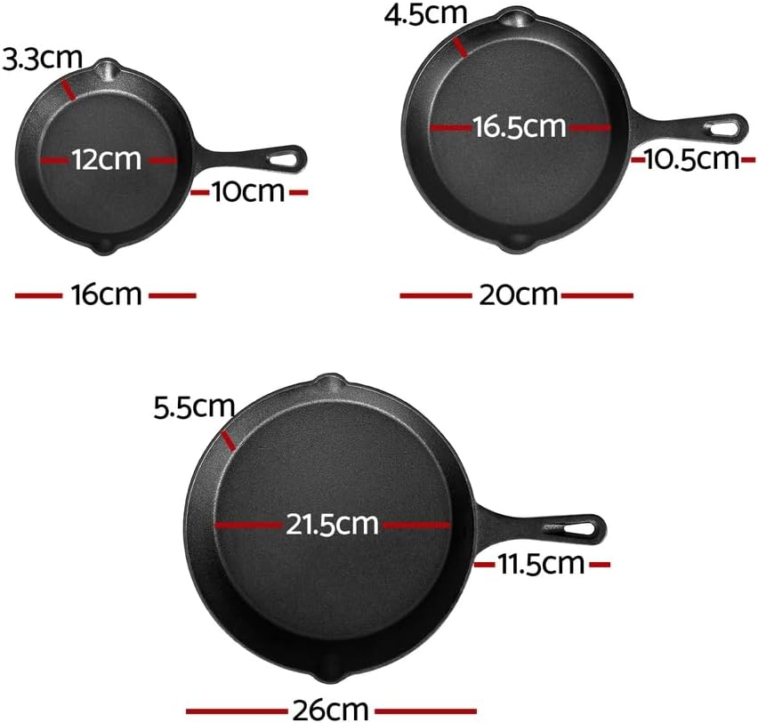 5-Star Chef Frying Pan Cast Iron Steak Skillet BBQ Oven Cookware 3PCS image number 3