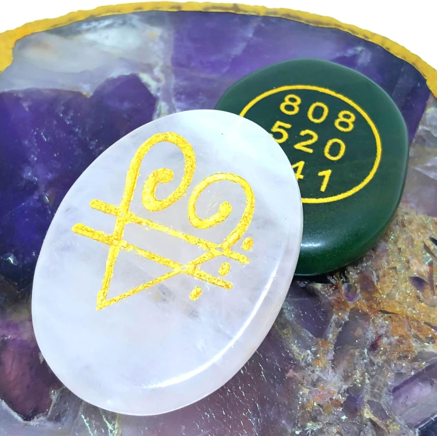 Combo of Green Jade and Rose Quartz Stone Zibu Coin - Pre-Energized Money Switch Word and Zibu Symbol Angelic Number Oval Stones Coin - Golden Engraving - Anxiety Stone - Worry Stone - Palm Size