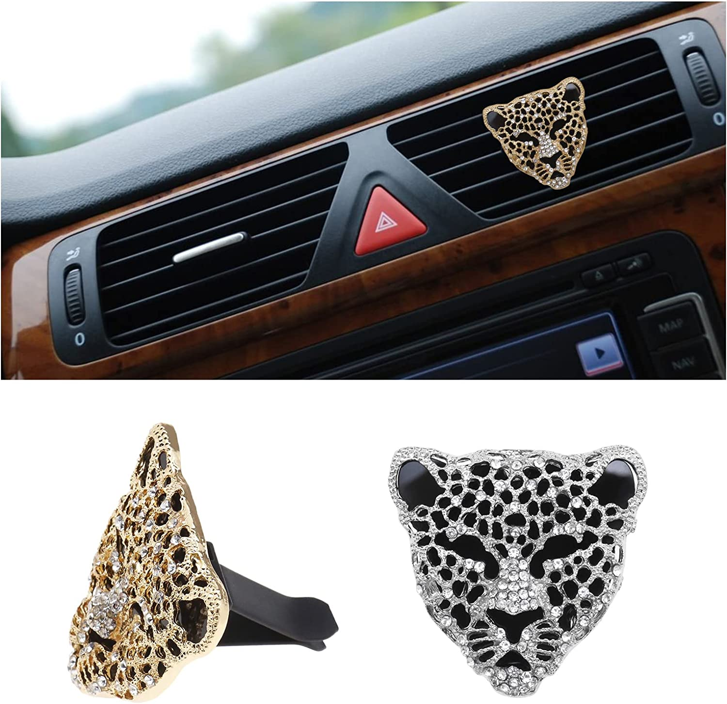 SING F LTD 2PCS Car Air Vent Clip Bling Rhinestone Leopard Shape Car Essential Oil Diffuser with Cotton Pad Car Bling Accessories Car Interior Decor image number 3