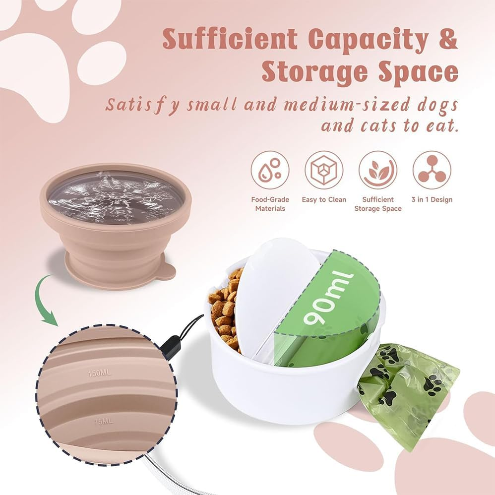 Dog Travel Bowls Collapsible 3 in 1 Design Dog Feeding Bowl Outdoor Traveling Cup Feeder Treat Container with Bowl&Dog Poop Bag Holder, Foldable Feeding Watering Dish for Walking Travel, Pink image number 5