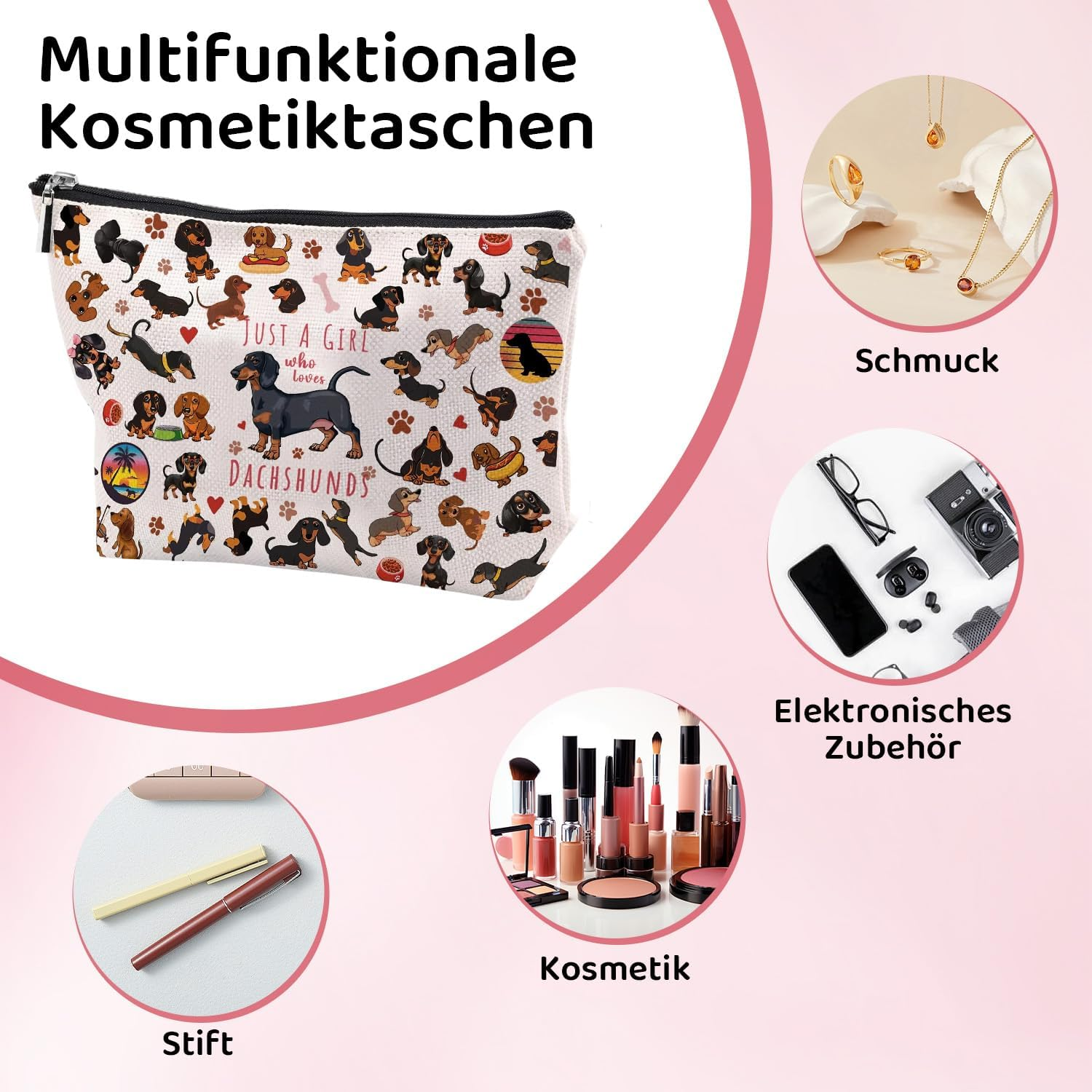 Cosmetic Bag for Girls Beautiful Dachshund Makeup Bag with Zip for Girlfriend Dachshund Gifts for Animal Lovers Portable Toiletry Bag Women for Travel Everyday Life (B) image number 6