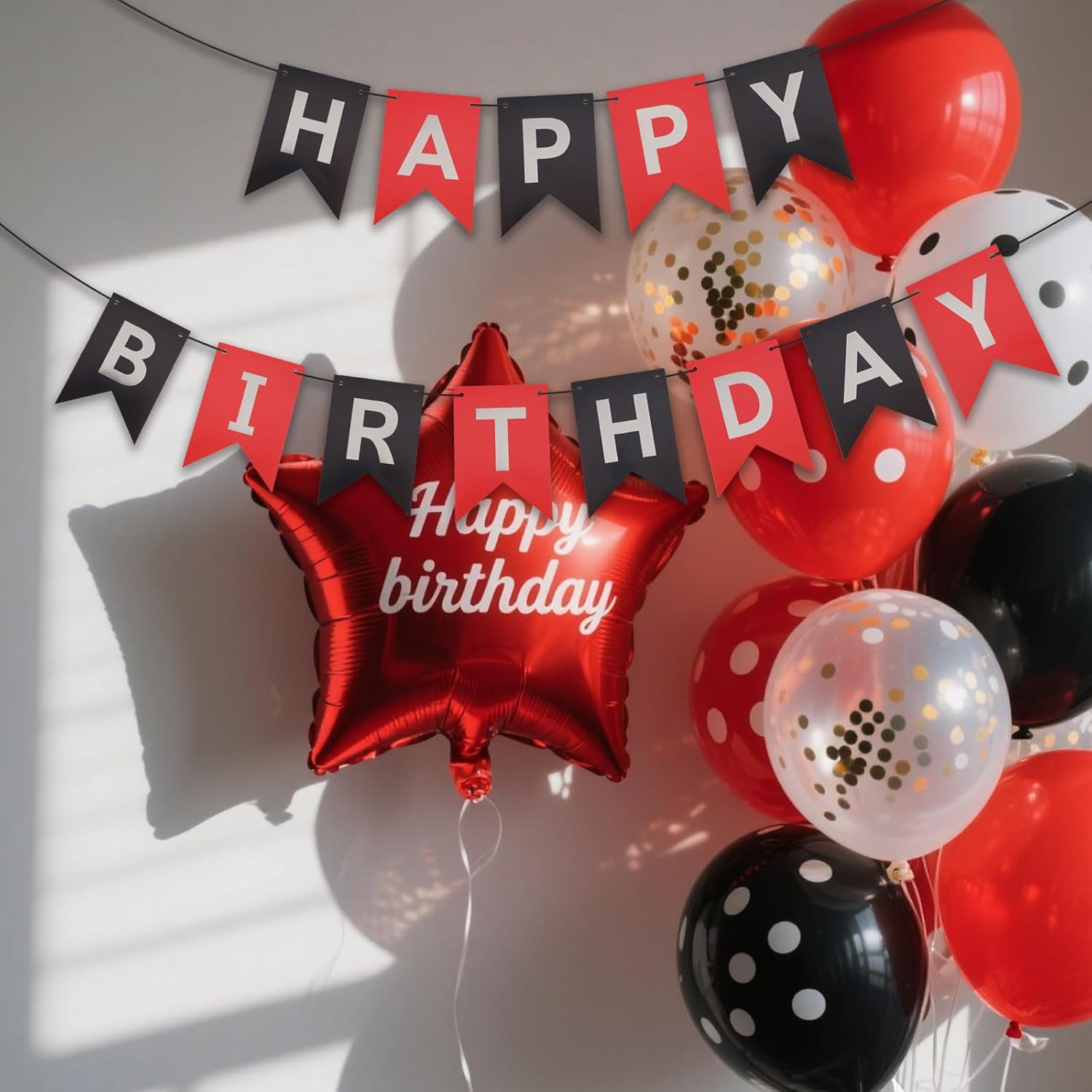 Gosknor Happy Birthday Banner Sign, Red and Black Birthday Decorations Silver Hot Stamping Fishtail Flag Party Decorations Photo Backdrop Party Supplies for Boys Girls Men Women image number 2