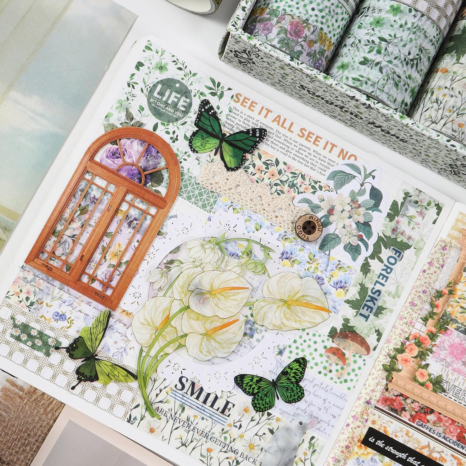 Songdao Floral Washi Tape Set - 15 Rolls Blossom Arts Adhesive Tapes Flowers Garden Decorative Masking Tape Sets for Craft, Kids, Scrapbook, DIY, Gift Wrapping (1-Botanical Freshness)