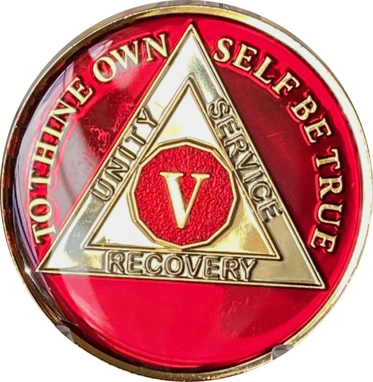 5 Year AA Medallion Metallic Mandarin Red Sobriety Chip, Brass image number 1