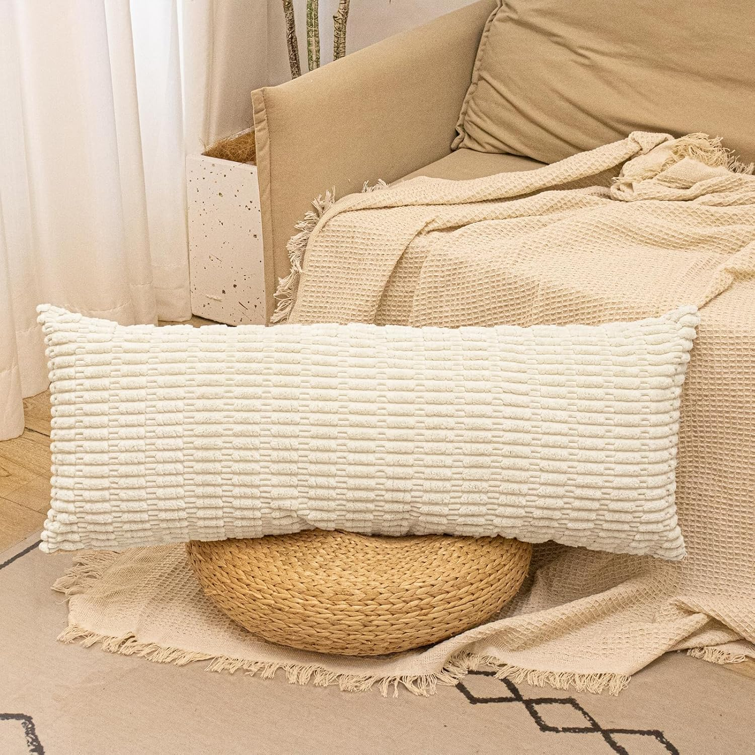 Textured Corduroy Lumbar Pillow Cover 14 X 36 Inch, Neutral Beige Decorative Chic Cozy Long Pillow Cover Soft Luxurious Pillow Case Home Decor for Sofa Bed Room Livingroom image number 5