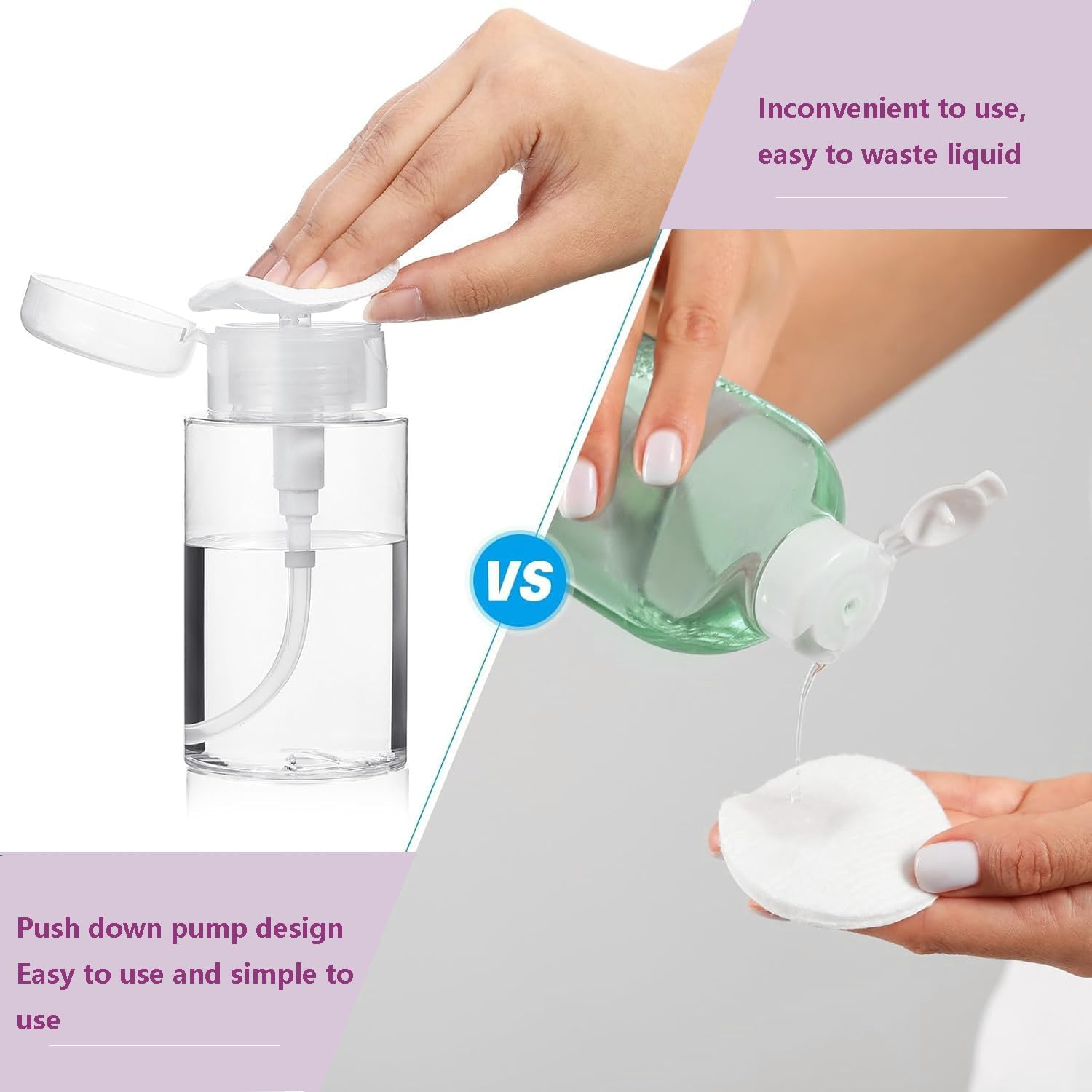 Push down Pump Dispenser 3Pack Nail Polish Remover Pump Bottles Alcohol Acetone Dispenser Clear Empty Pump Dispenser for Makeup Remover Travel Bottles with Stickers image number 4