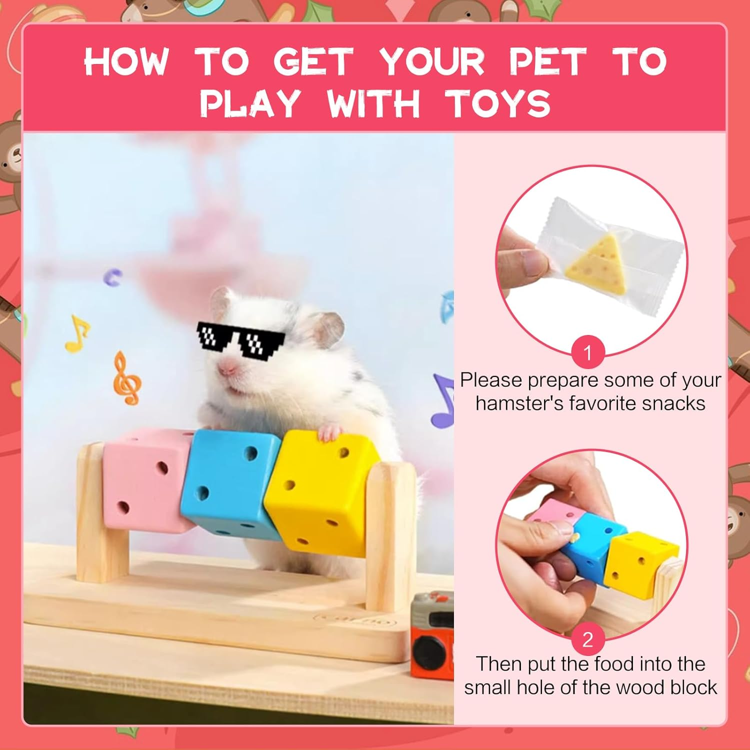 SUSOO Creativity Hamster Enrichment Toys with Exercise Wheel,Natural Wooden Hamster Chew Toy for Small Animals Cage,Safe Food Interactive Toys for Guinea Pig,Chinchillas,Hedgehogs and Dwarf Rabbits image number 2