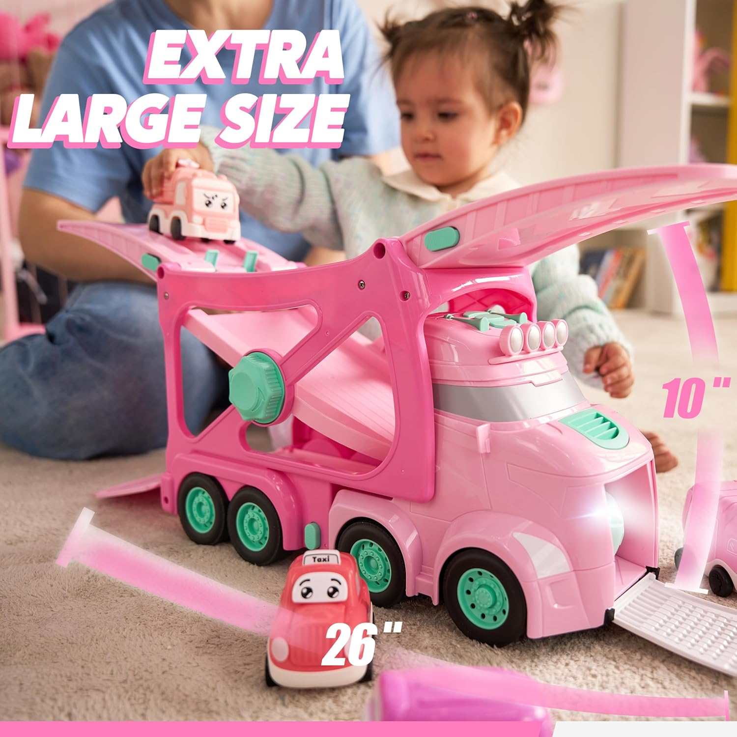 VROOMIX 3-Layer Extra Large Princess Pink Truck Toys for Girls, 7-In-1 Big Transport Vehicle Carrier Truck with Directional Tracks, Siren & Lights, 6 Cars, Chrismas Birthday Gifts for 3+ Years Old image number 2