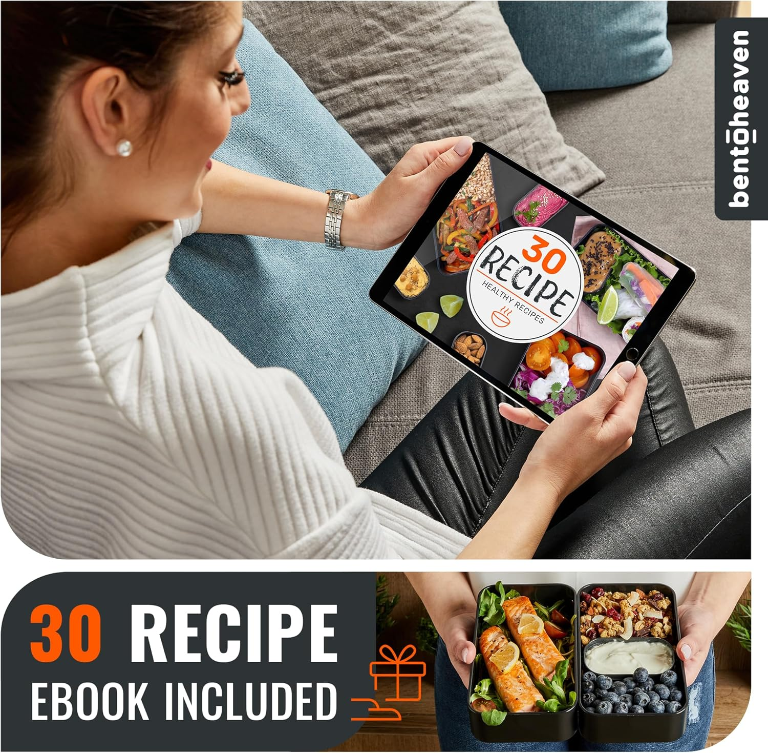 Bentoheaven Premium Bento Box Adult Lunch Box with 2 Compartments (1200Ml), Cutlery & Set of Chopsticks, Large Dip Container, Cute Black Japanese Bento Box, Rectangle, Microwavable (Bright Light) image number 2