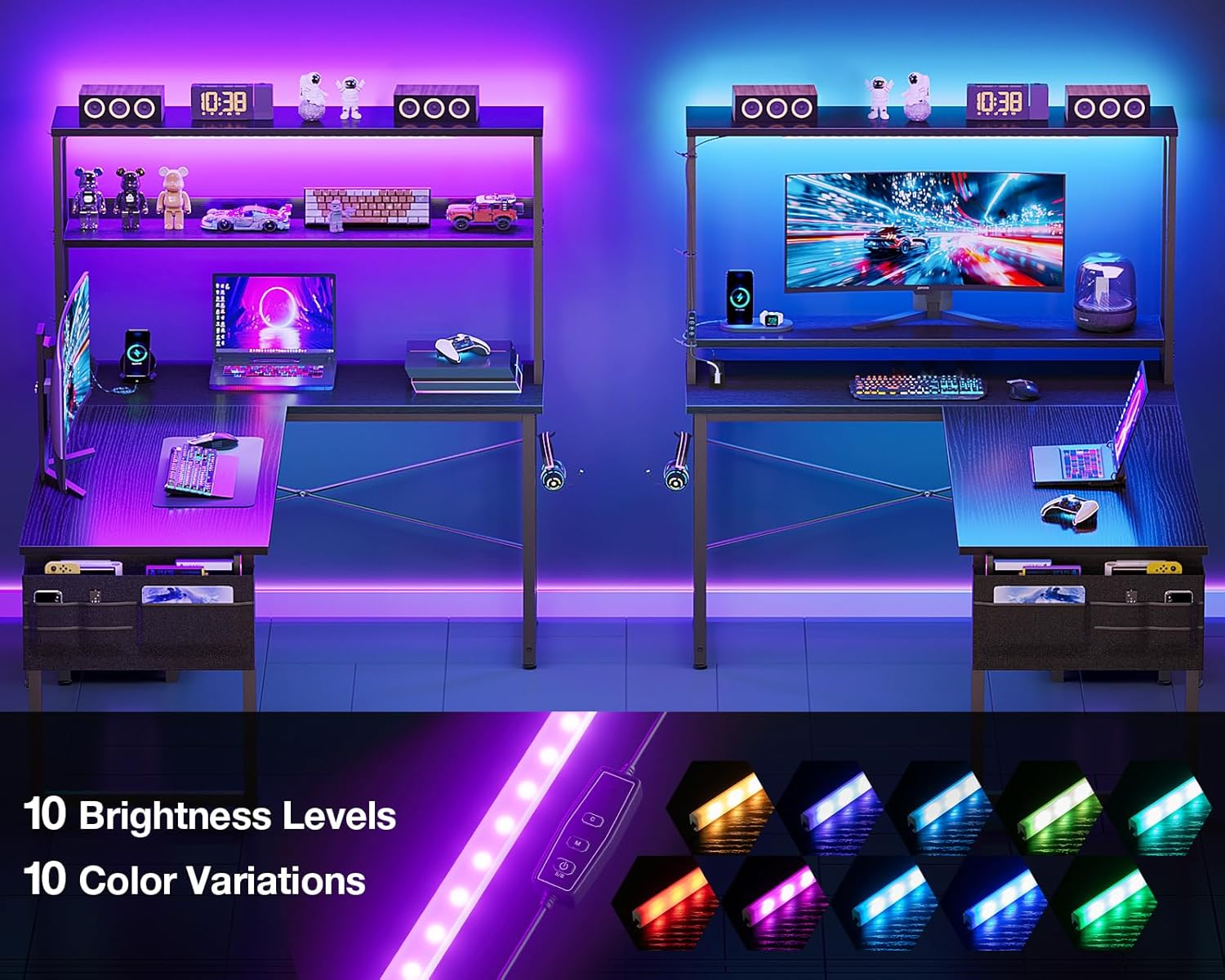 ODK L Shaped Gaming Desk with LED Lights & Power Outlet,Reversible Computer Desk with Adjustable Shelves, Corner Desk with Storage Bag & Headphone Hook for Home Office,Gaming,115 * 80 * 75.6Cm,Black image number 6