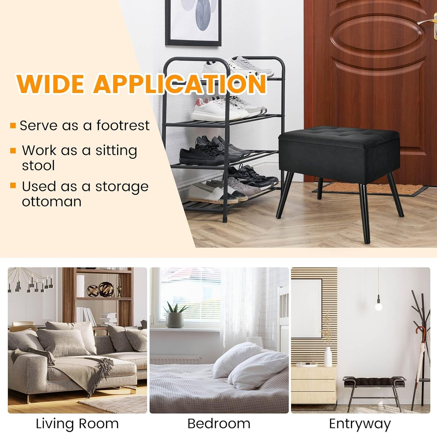 Costway Vanity Stool with Storage, Velvet Ottoman with Solid Wood Legs & Flip-Up Padded Seat, Modern Footrest Stool, Rectangular Shoe Changing Stool for Makeup Room, Entryway & Bedroom