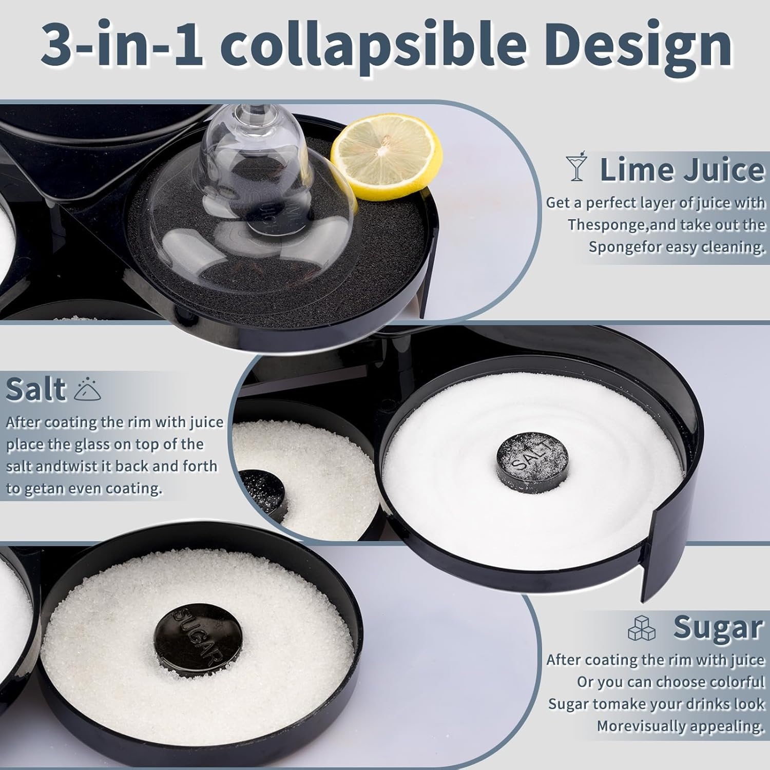 Tonjin Margarita Salt Rimmer Set, 1 Pack 3 Tier Bar Glass Rimmer Black Plastic Sugar and Salt Rimmer Box with Sponge for Cocktail Bartender Tool image number 2