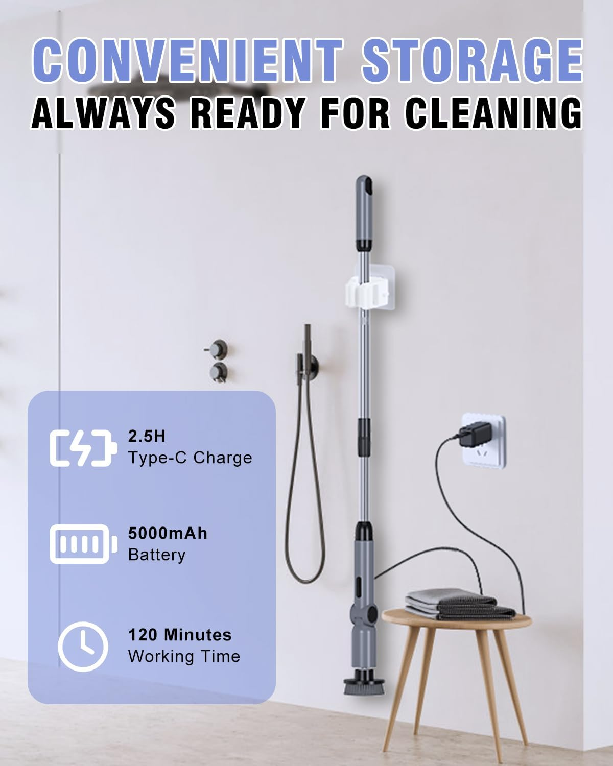 Electric Spin Scrubber, [4 Adjustable Angles] [Battery Display ] Homtronics Cordless Power Scrubber with 8 Replaceable Brush Heads, 450RPM Electric Cleaning Brush for Bathroom, Floor, Tile, Car-Grey image number 2