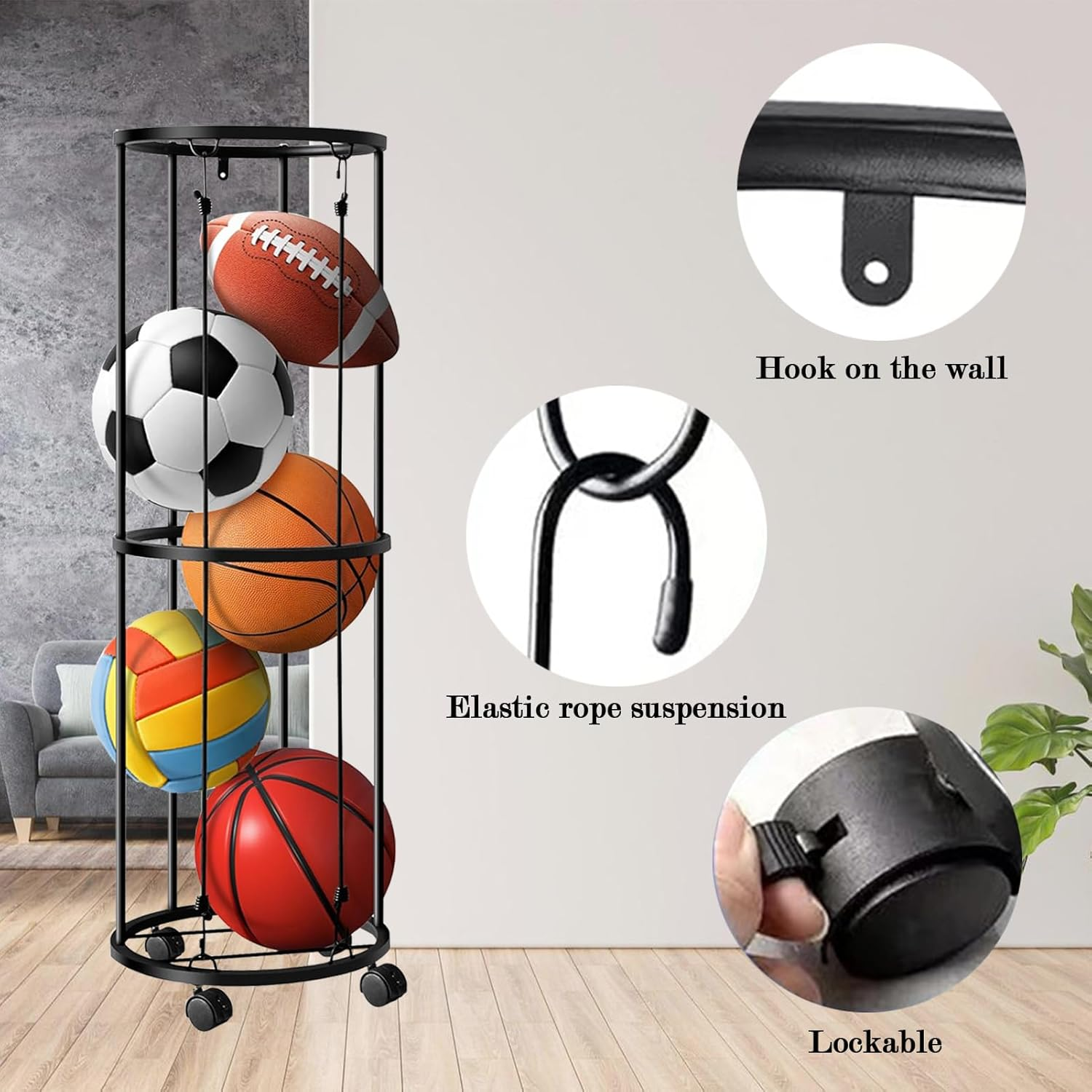 Ball Storage,Sports Equipment Organizer,Columnar Vertical Basketball Holder,Ball Rack with Wheels,Ball Holder for Basketball, Soccer, Football, Volleyball image number 1