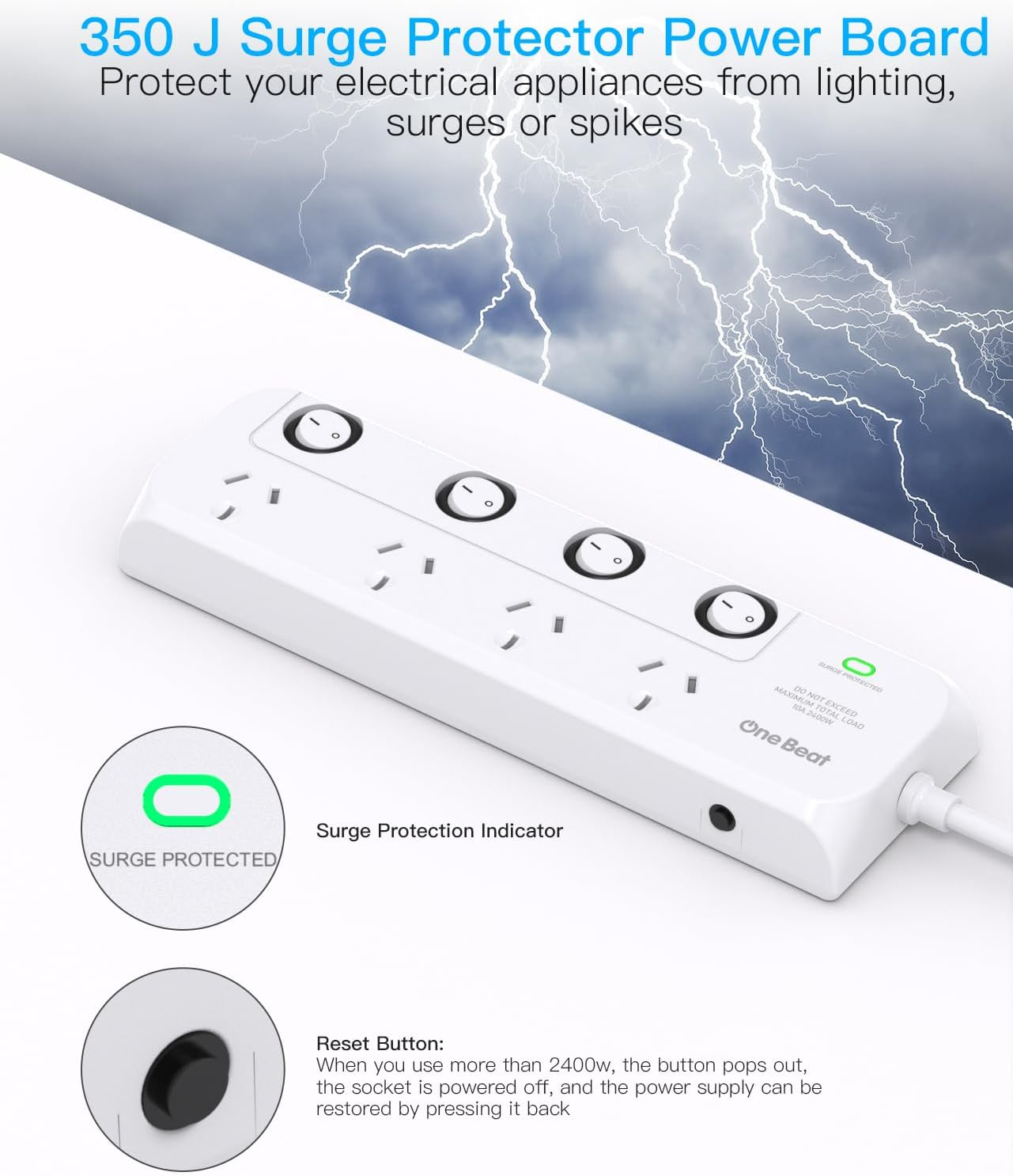 Power Board Surge Protector with Individual Switch,Power Strip with 4 AC Outlets, 1.2M Extension Cord 350 Joules Powerboard,Extension Board Wall Mount for Home,Dorm Room and Office image number 1