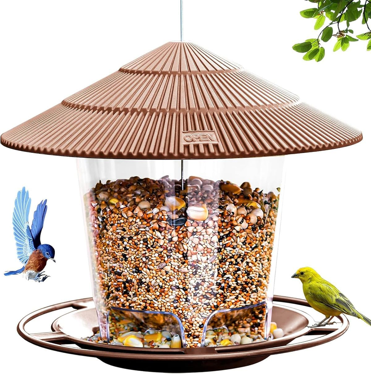AIMALL Outdoor Hanging Bird Feeder 7.09X6.5In Plastic Feeder for Garden Yard Balcony, Automatic Bird Feed Dispenser with Multiple Feeding Ports - Brown image number 3