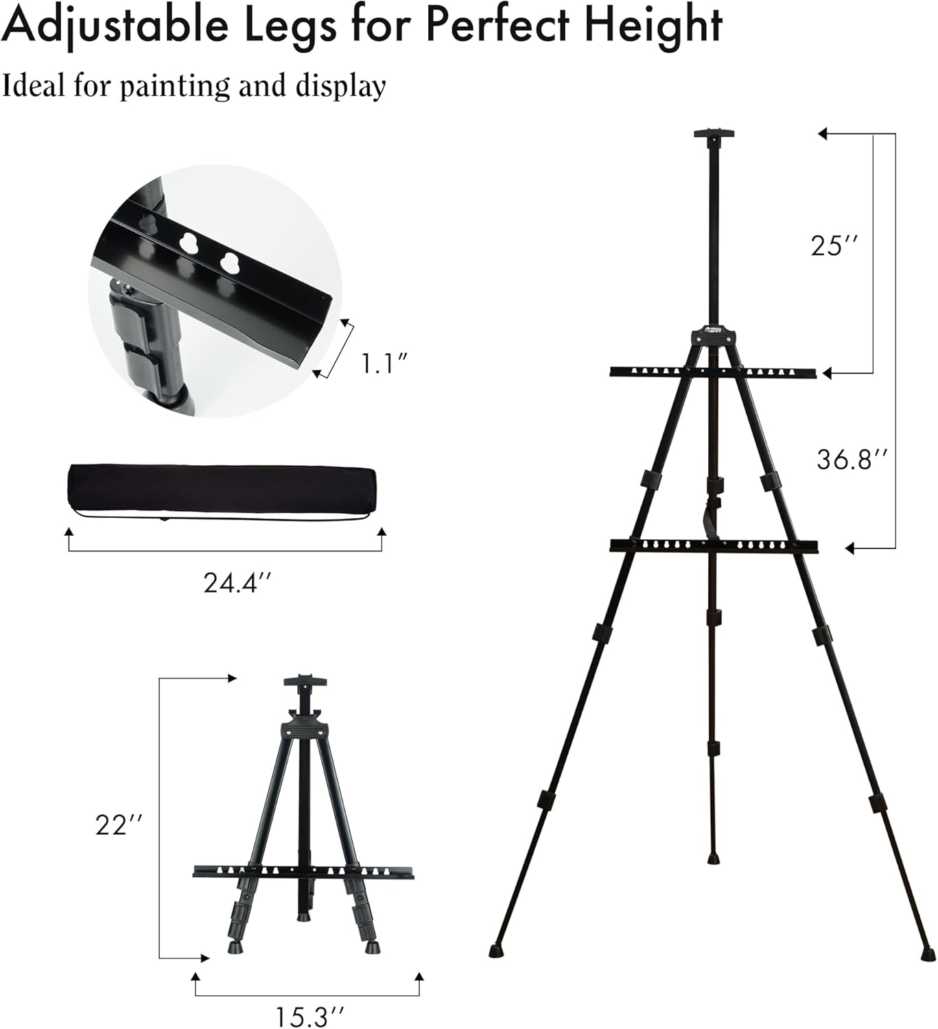 Artify Easel for Painting, Double-Tier Easel Stand, Adiustable Height from 22-66 Inches, Tripod for Painting and Display with Carrying Bag, 66 Inches, Black