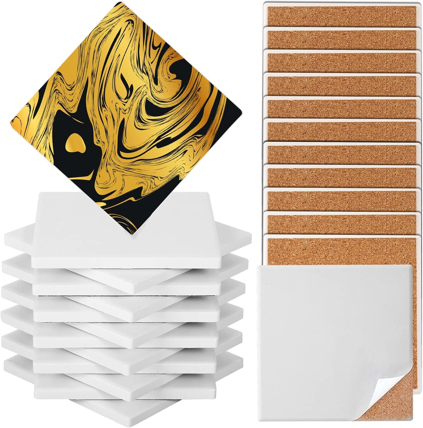 Ceramic Tile for Crafts Coasters, GOH DODD 12 Pack 4 Inch Blank Coasters Unglazed Ceramic White Tiles with 12 Pack Cork Backing Pads for Painting, Alcohol Ink, Acrylic Pouring, DIY, Mosaics, Square image number 3