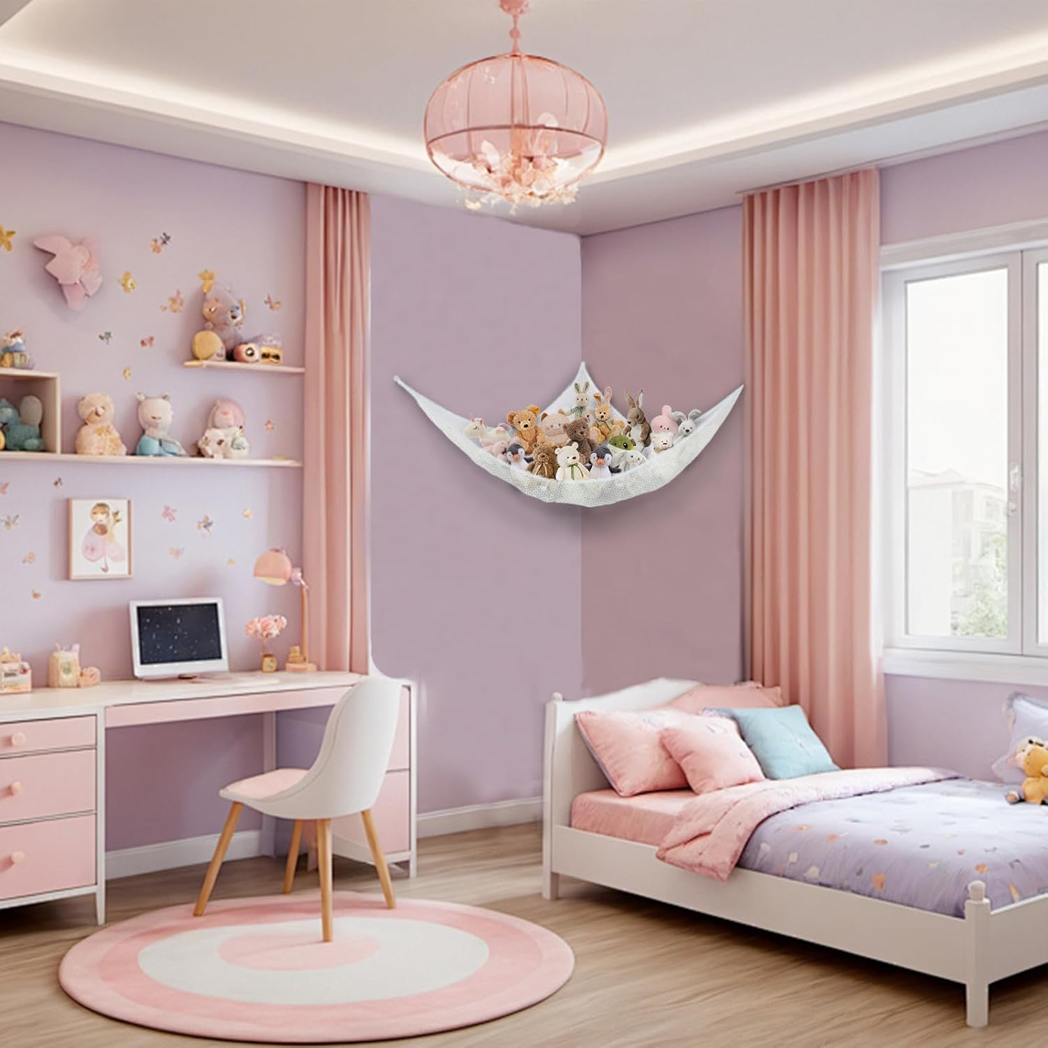 Stuffed Animal Storage Toy Hammock Soft Plush Toy Storage Large Corner Hanging Net Organiser Holder for Kids Bedroom Nursery Decor (White) - Blue image number 6