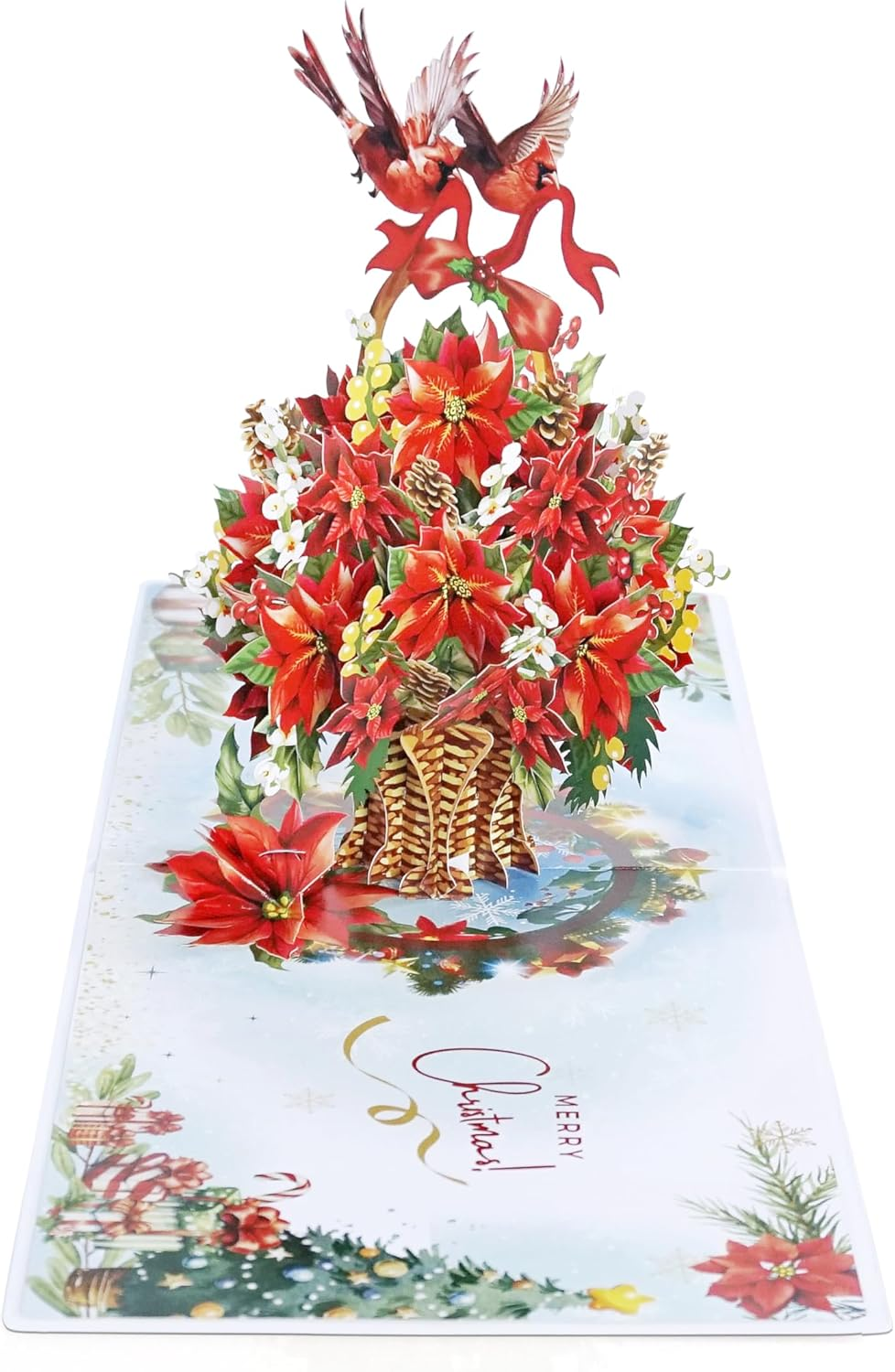 CUTPOPUP Poinsettia Basket with Cardinals, Christmas Card Pop Up, 3D Xmas, Merry Christmas, New Year, Holiday Greeting Card (Poinsettia Basket with Cardinals) CN293AU1520 image number 3