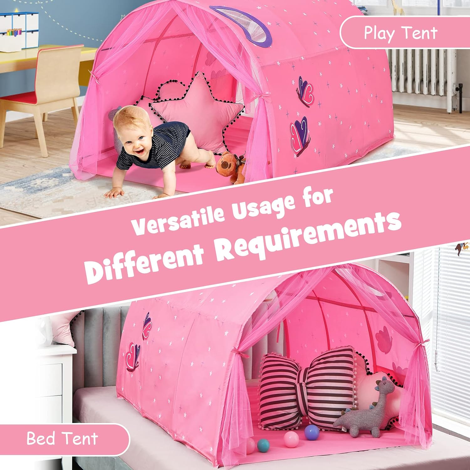 HONEY JOY Kids Play Tent, Portable Bed Tent for Children W/Double Mesh Curtain, Carrying Bag, Bed Tunnel Tent Playhouse for Bedroom, Living Room, Indoor Games, Sleeping Play Tents for Boys Girls, Pink image number 5
