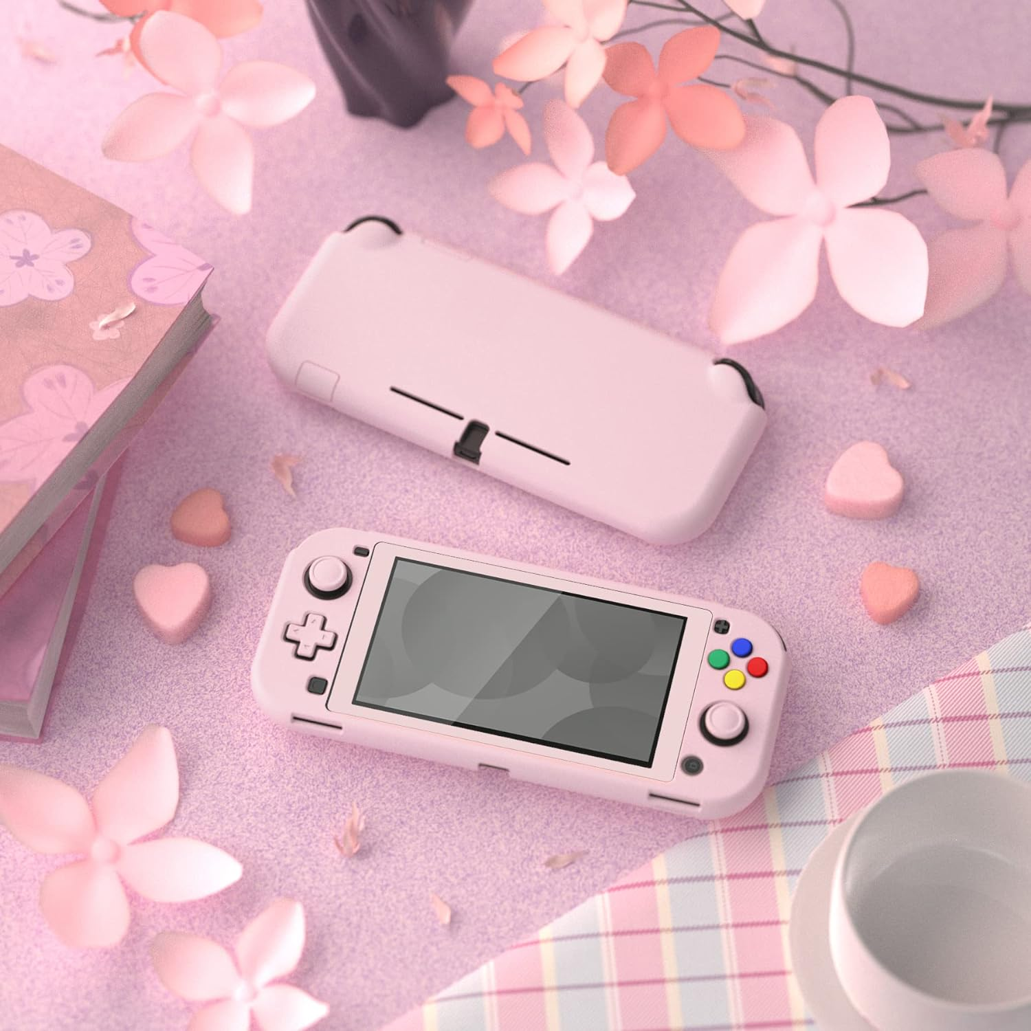 Extremerate Playvital Protective Grip Case for Nintendo Switch Lite, Cherry Blossoms Pink Hard Cover Protector for Nintendo Switch Lite - 1 X White Border Tempered Glass Screen Protector Included image number 2
