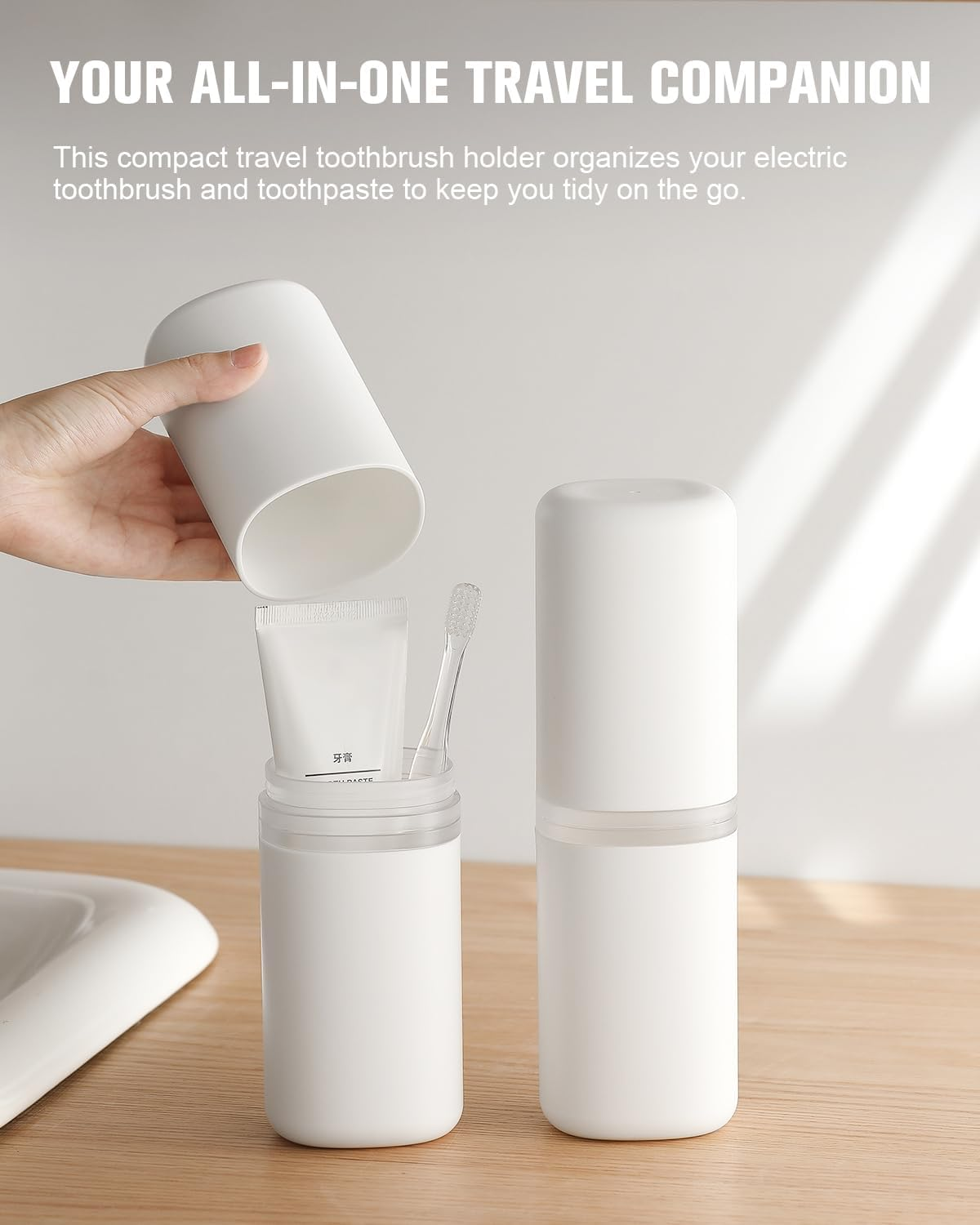 FERYES Travel Toothbrush Holder - Portable Toothpaste Organizer with Mouthwash Cup, Travel-Friendly Tooth Brushes Holder with Draining Lid - White image number 6