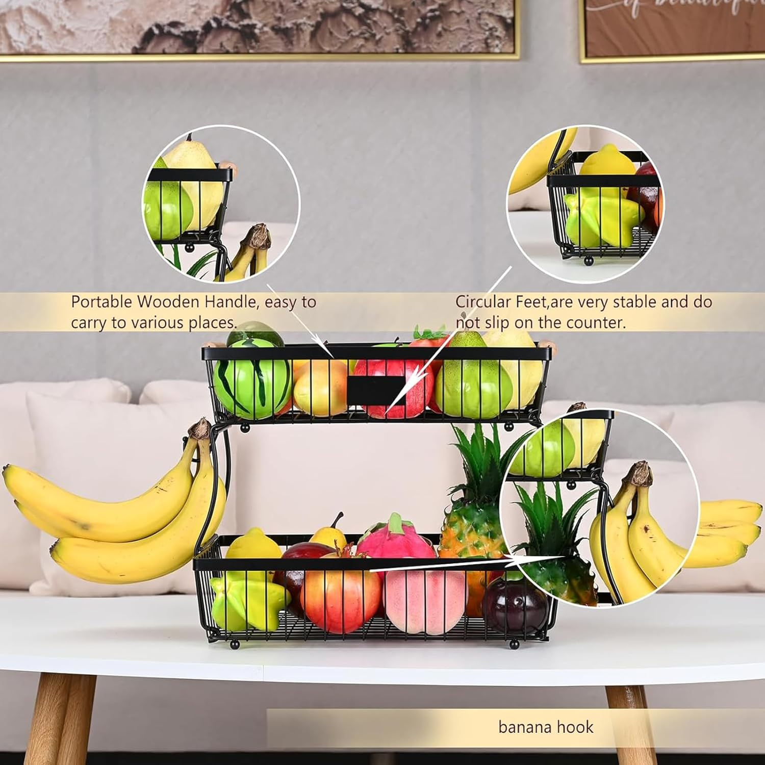 2-Tier Fruit Basket, Detachable Vegetable Basket Bowl with 2 Banana Hangers, Kitchen Countertop Fruit Stand Holder, Metal Wire Storage Organizer for Bread Snack Veggies Produce, Black 41*24*29Cm image number 5