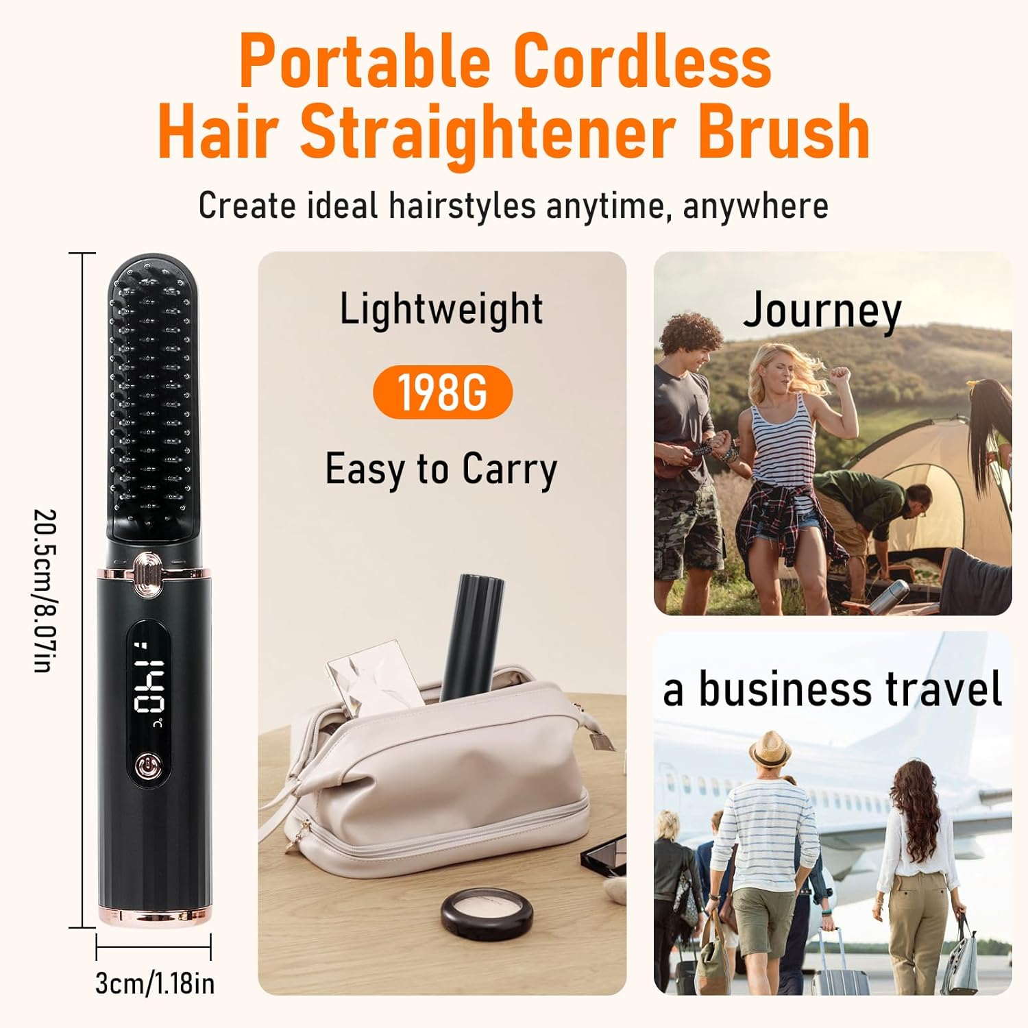 Cordless Hair Straightener Brush, Portable Hot Comb Hair Straightener Negative Ion Hair Straighteners Comb for Women 5 Temperature Beard Straightener Brush USB Rechargeable Anti-Scald Auto-Off - Black image number 6