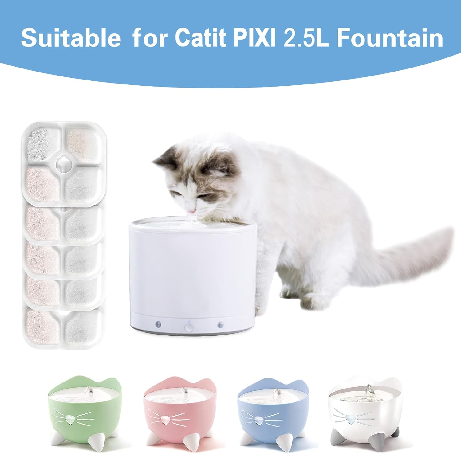Cat Fountain Filter, Compatible with Catit Pixi Pet Drinking Fountain, Three-Layer Filter System Made of Resin and Activated Carbon (Pack of 16) image number 6
