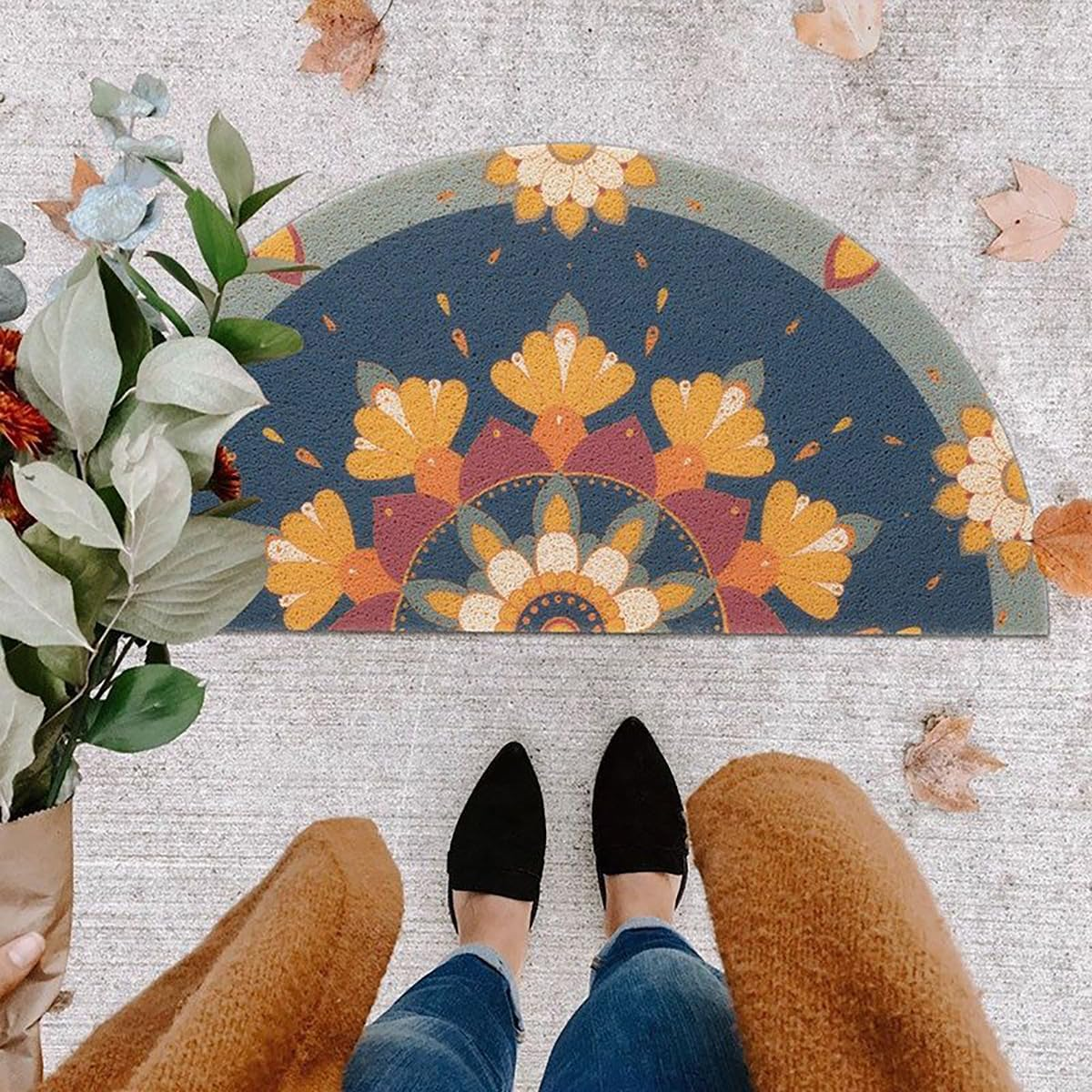 Creative Semi Circular Area Rug anti Slip Door Mat Floor Mats Bedroom Carpet Rugs Entrance Doormat Anti-Slip Mats Rubber Backing, Durable Washable 45&times;90Cm (Blue) image number 4