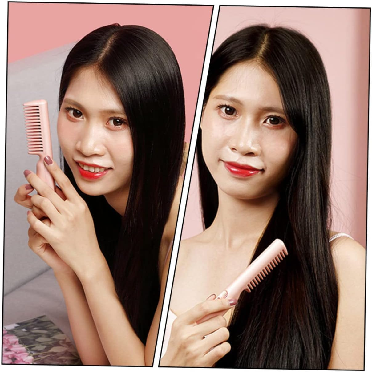 Heating Hair Straightening Brush and Curler Comb Portable USB Rechargeable Pink Mini Travel Hair Straightener Comb for Women image number 5